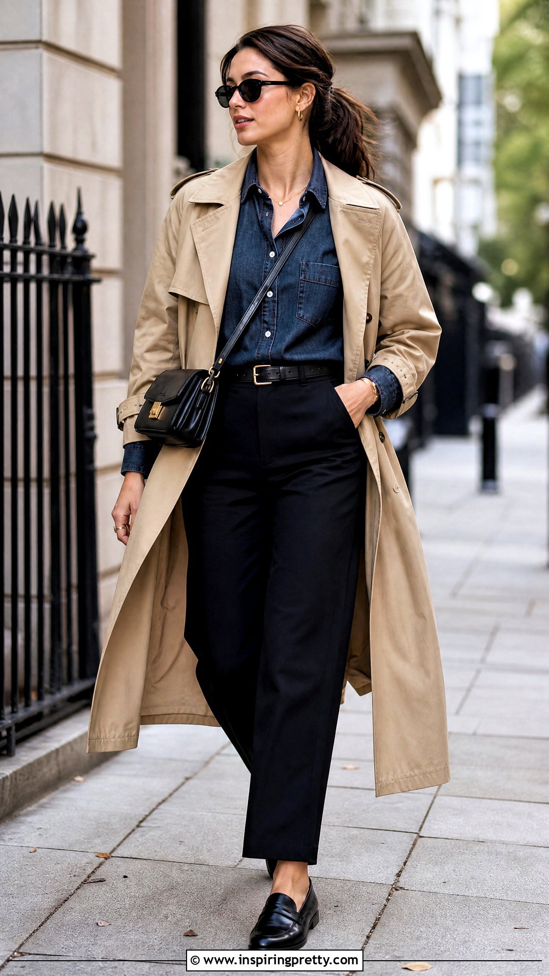Dark Denim Shirt With Trench Coat - 50 dark denim top outfit ideas