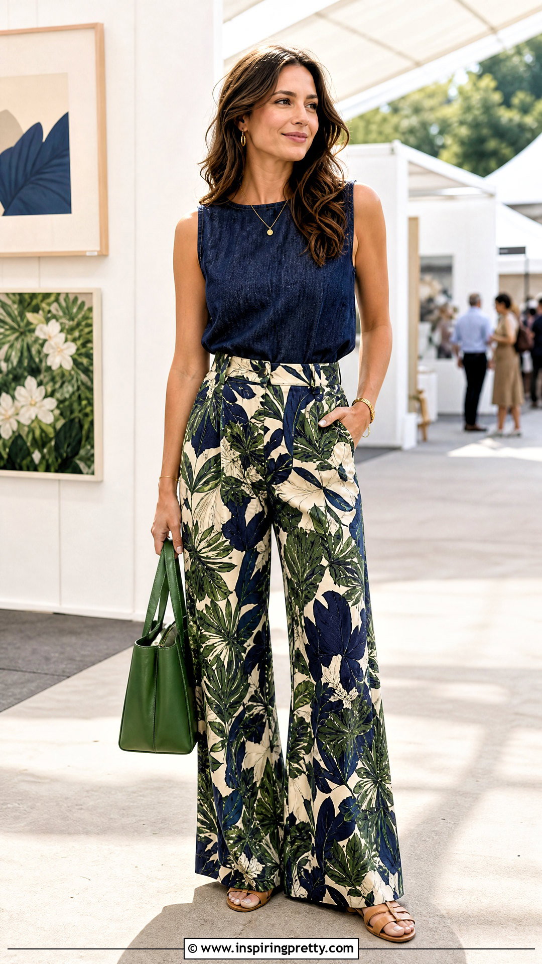 Dark Denim Sleeveless Top With Printed Pants - 50 dark denim top outfit ideas