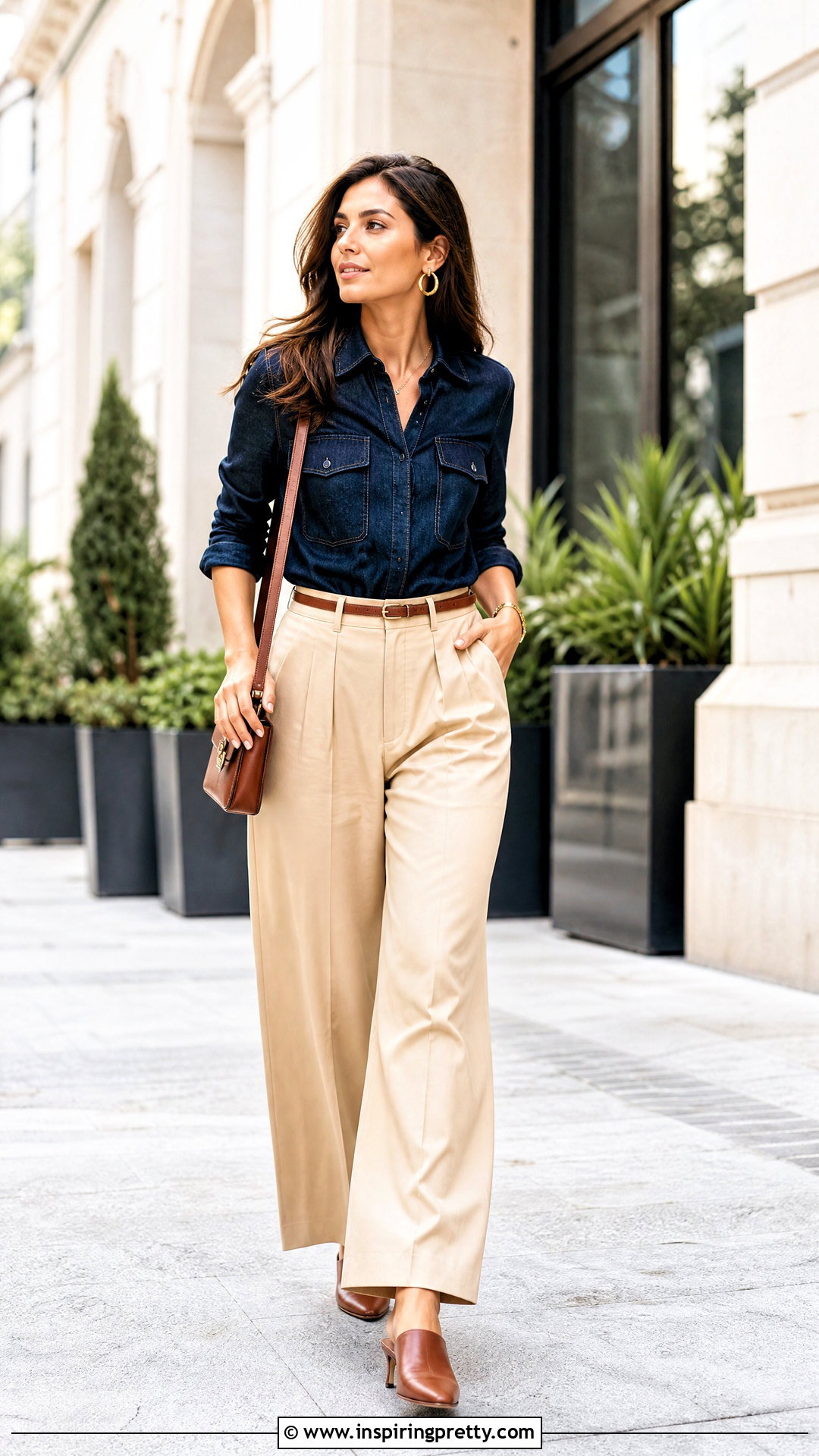 Dark Denim Top With Beige Wide Leg Pants - 50 dark denim top outfit ideas