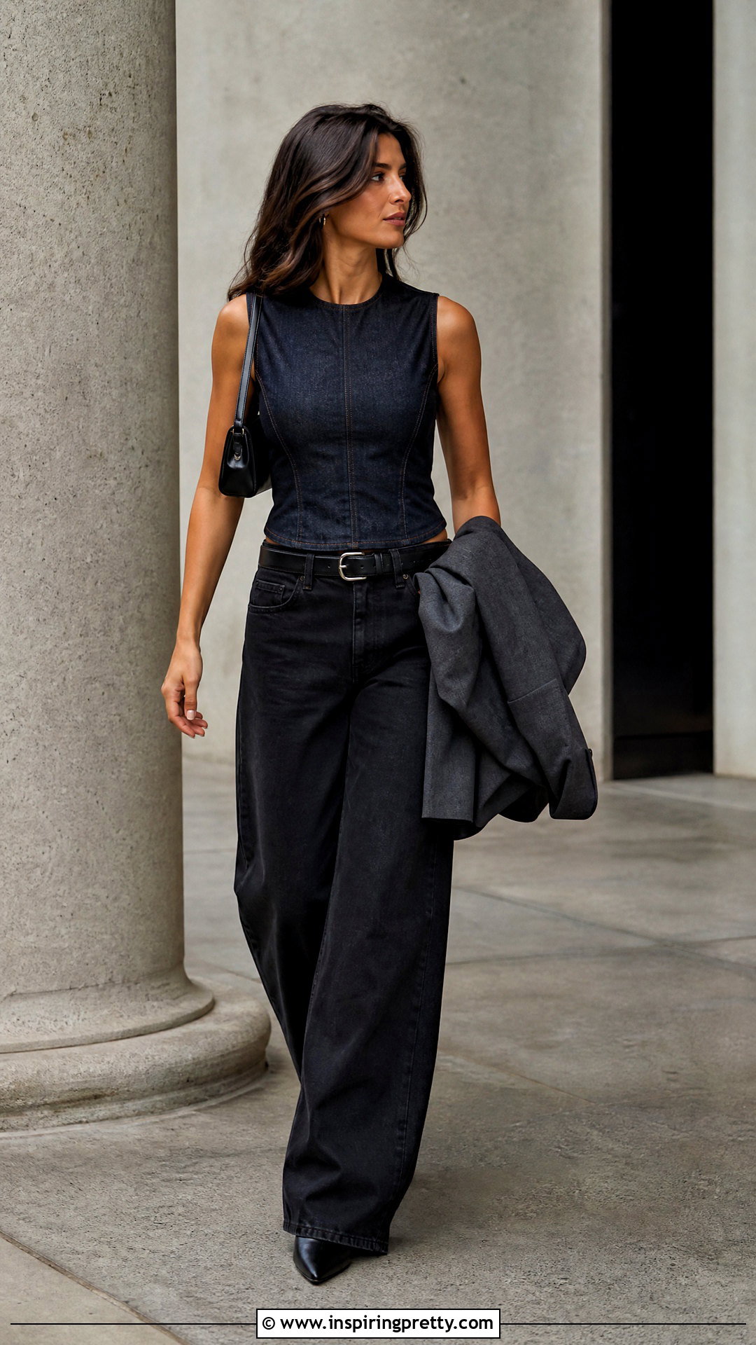 Dark Denim Top With Black Wide Leg Jeans - 50 dark denim top outfit ideas