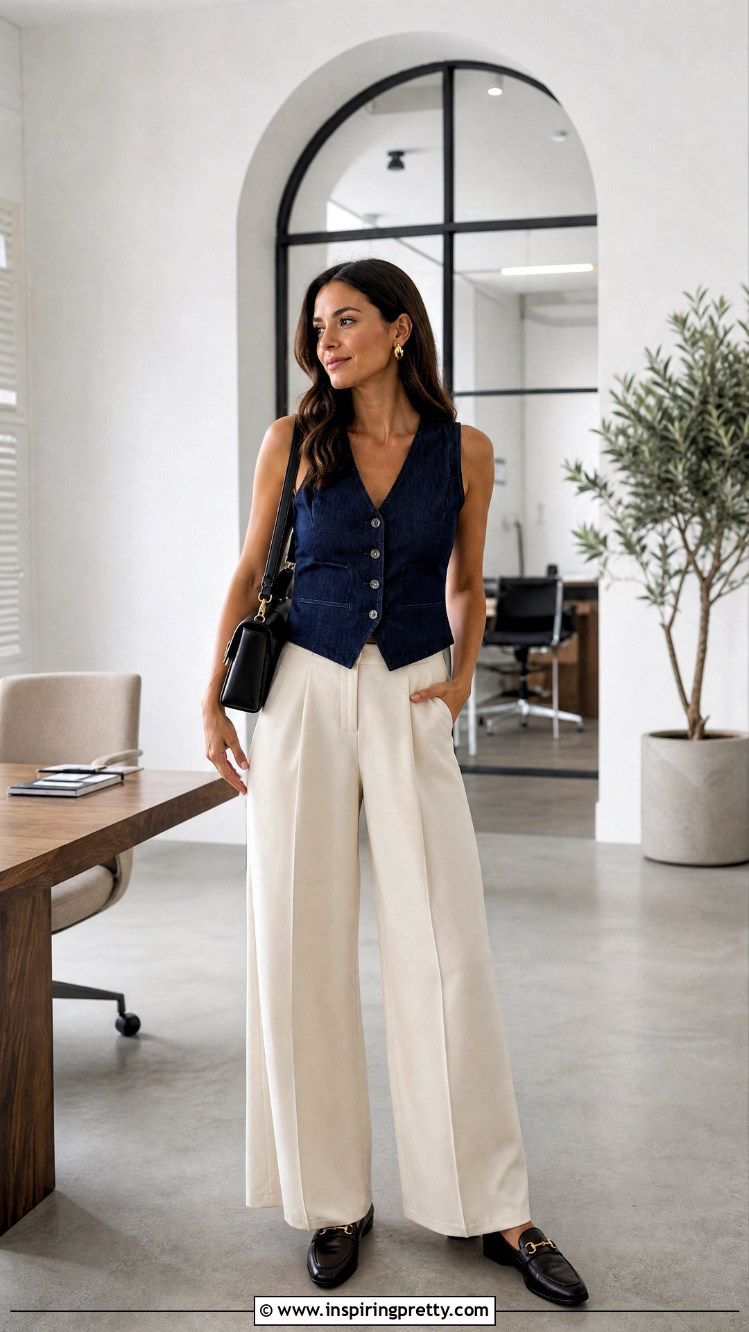 Dark Denim Vest With Tailored Pants - 50 dark denim top outfit ideas