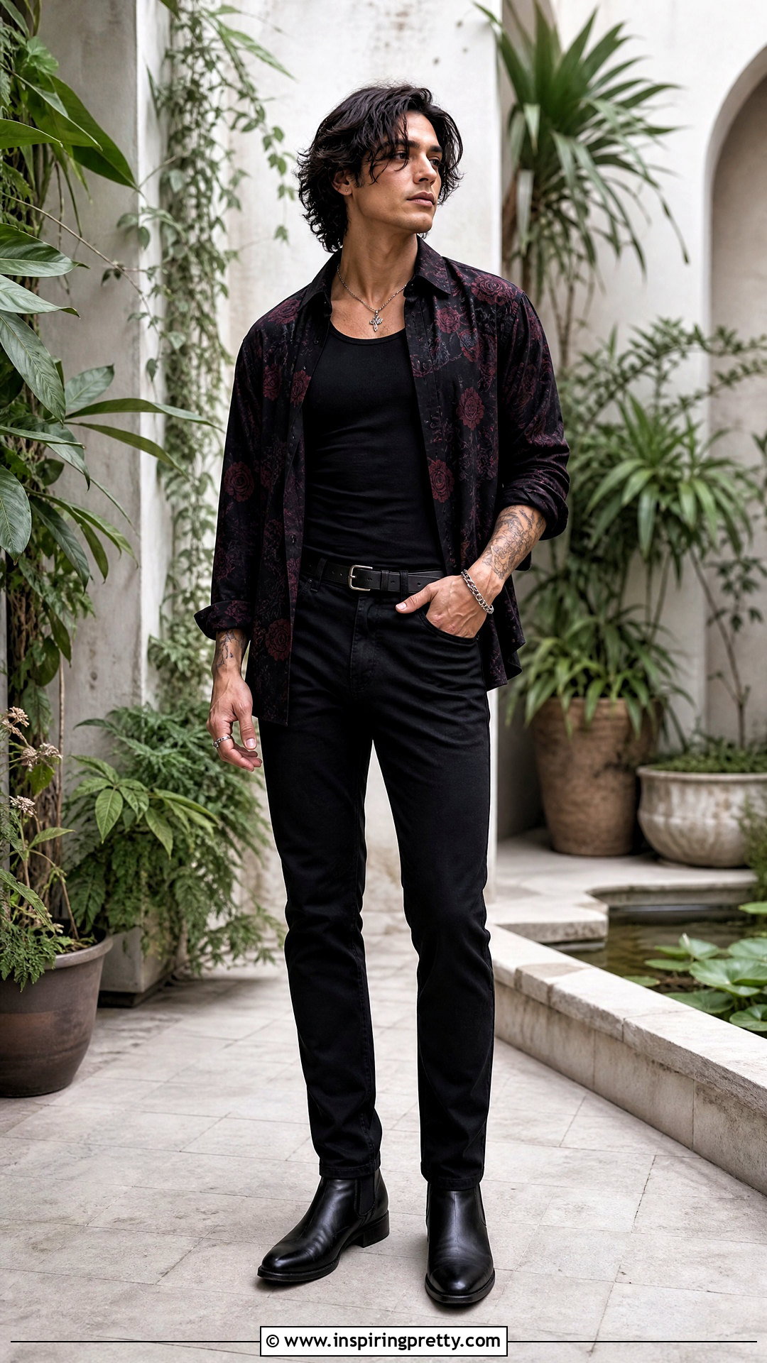 Dark Floral Goth Shirt With Black Denim - 25 goth tops men
