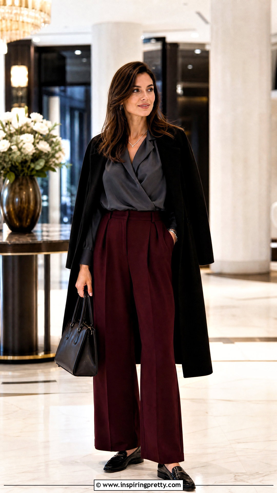 Dark Gray Draped Top With Burgundy Pants - 50 dark gray top outfit ideas