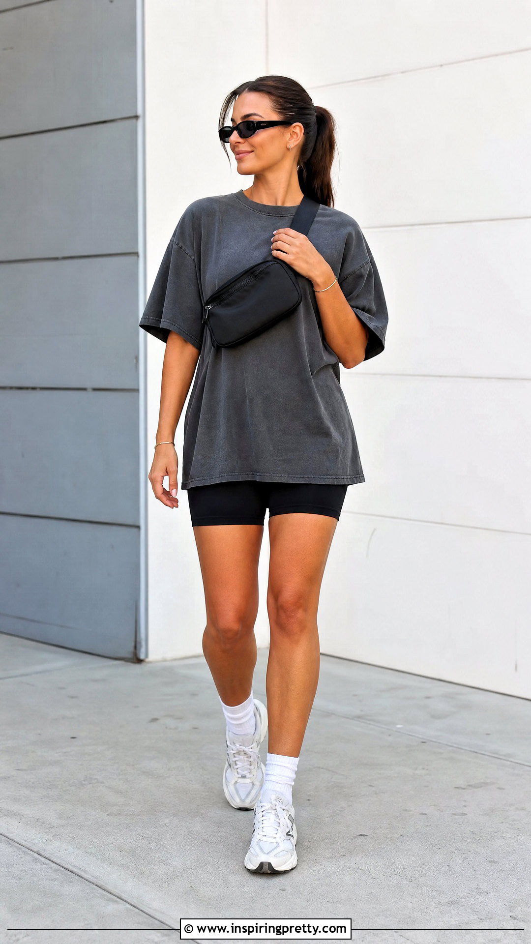 Dark Gray Oversized Tee With Bike Shorts - 50 dark gray top outfit ideas