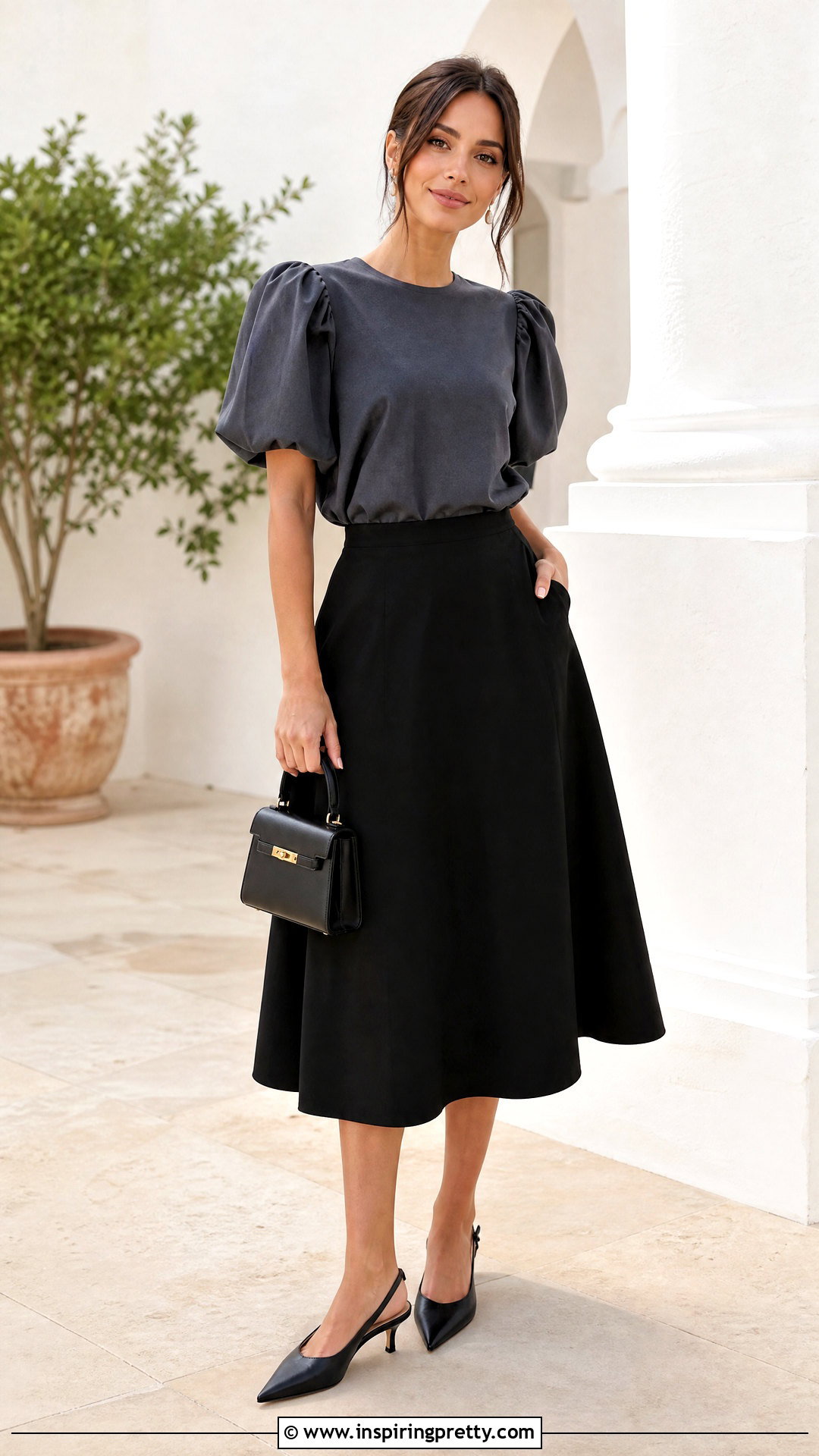 Dark Gray Puff Sleeve Top With Black Skirt - 50 dark gray top outfit ideas