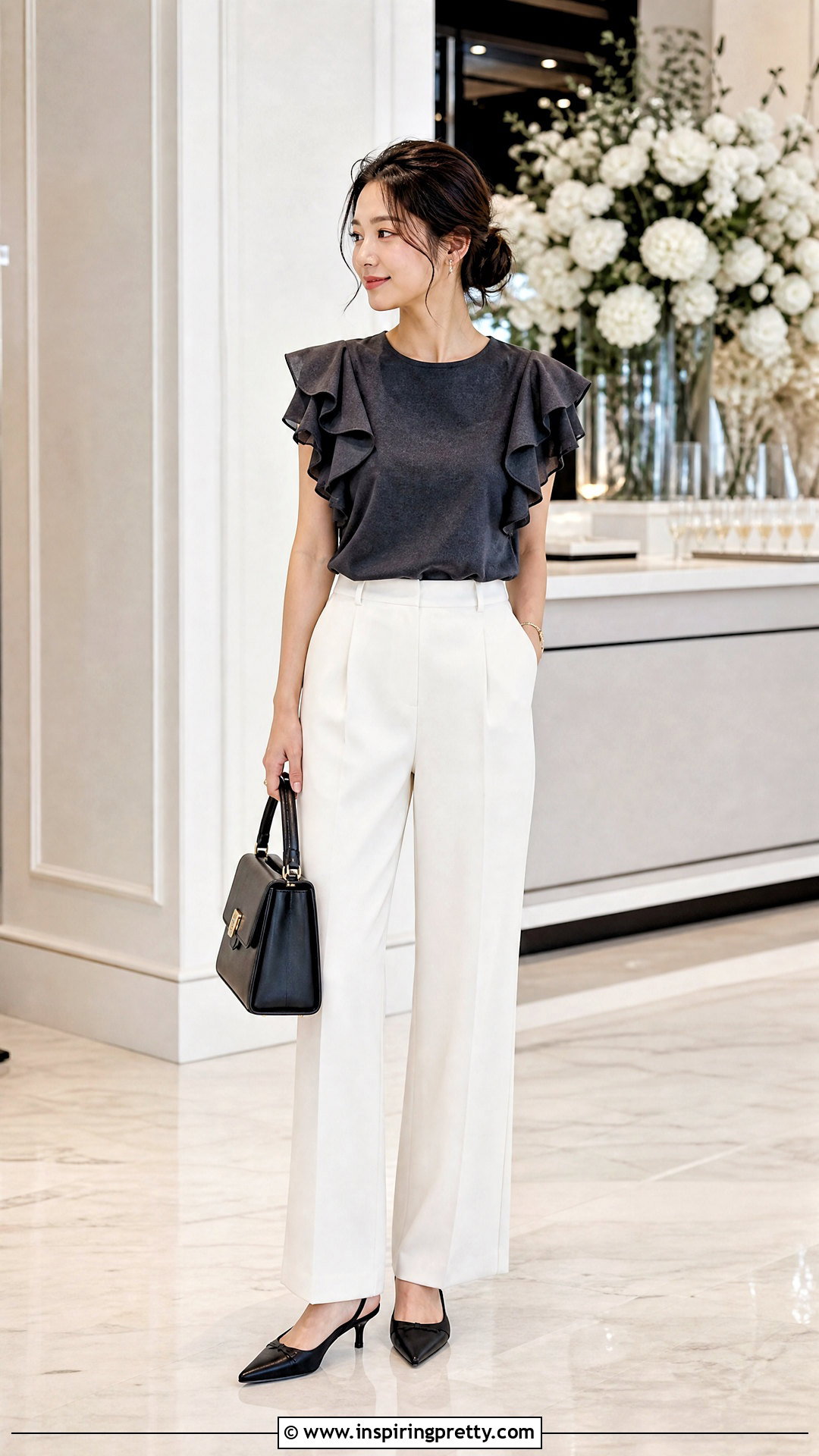 Dark Gray Ruffle Top With White Pants - 50 dark gray top outfit ideas