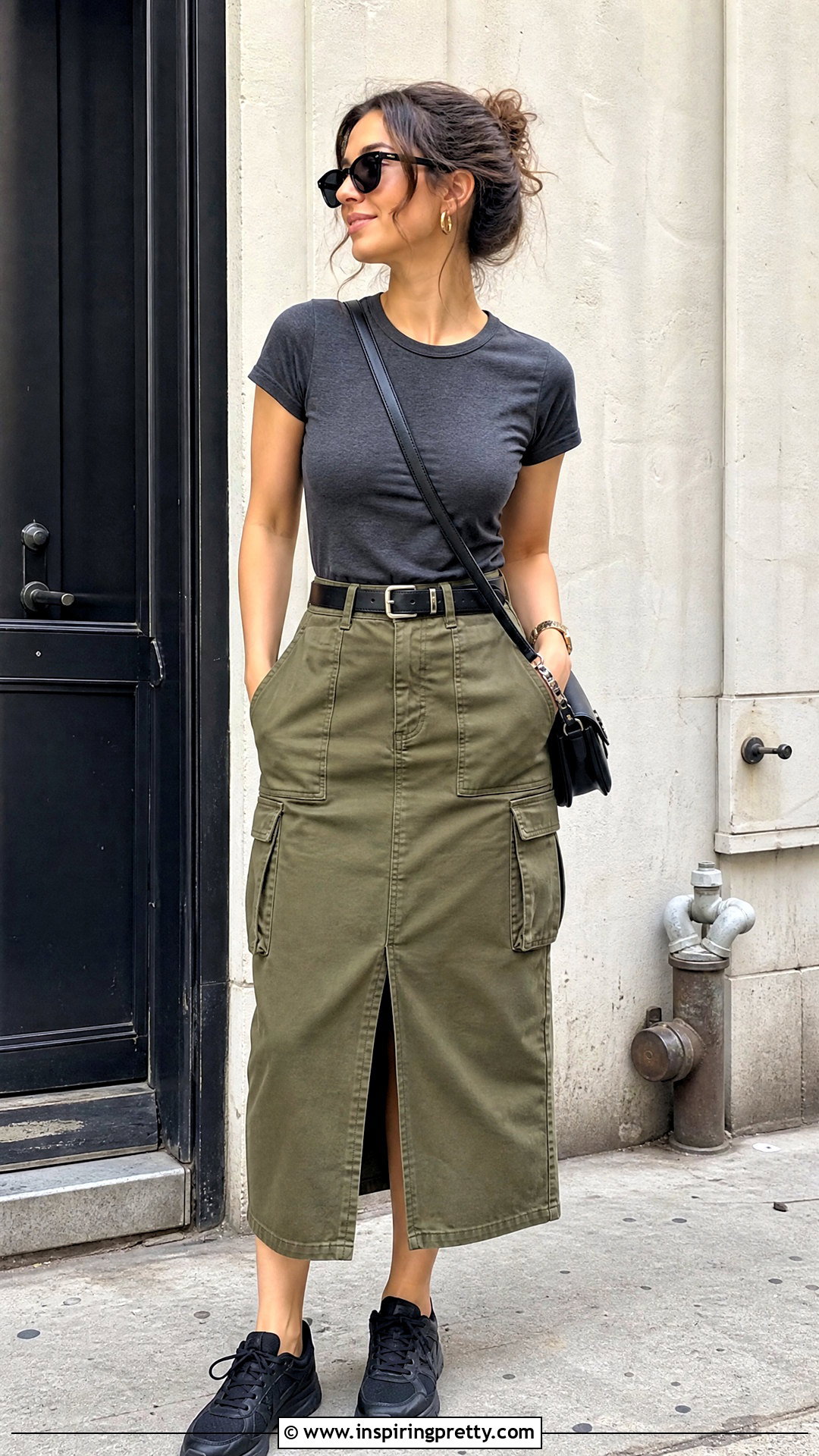Dark Gray T Shirt With Olive Cargo Skirt - 50 dark gray top outfit ideas
