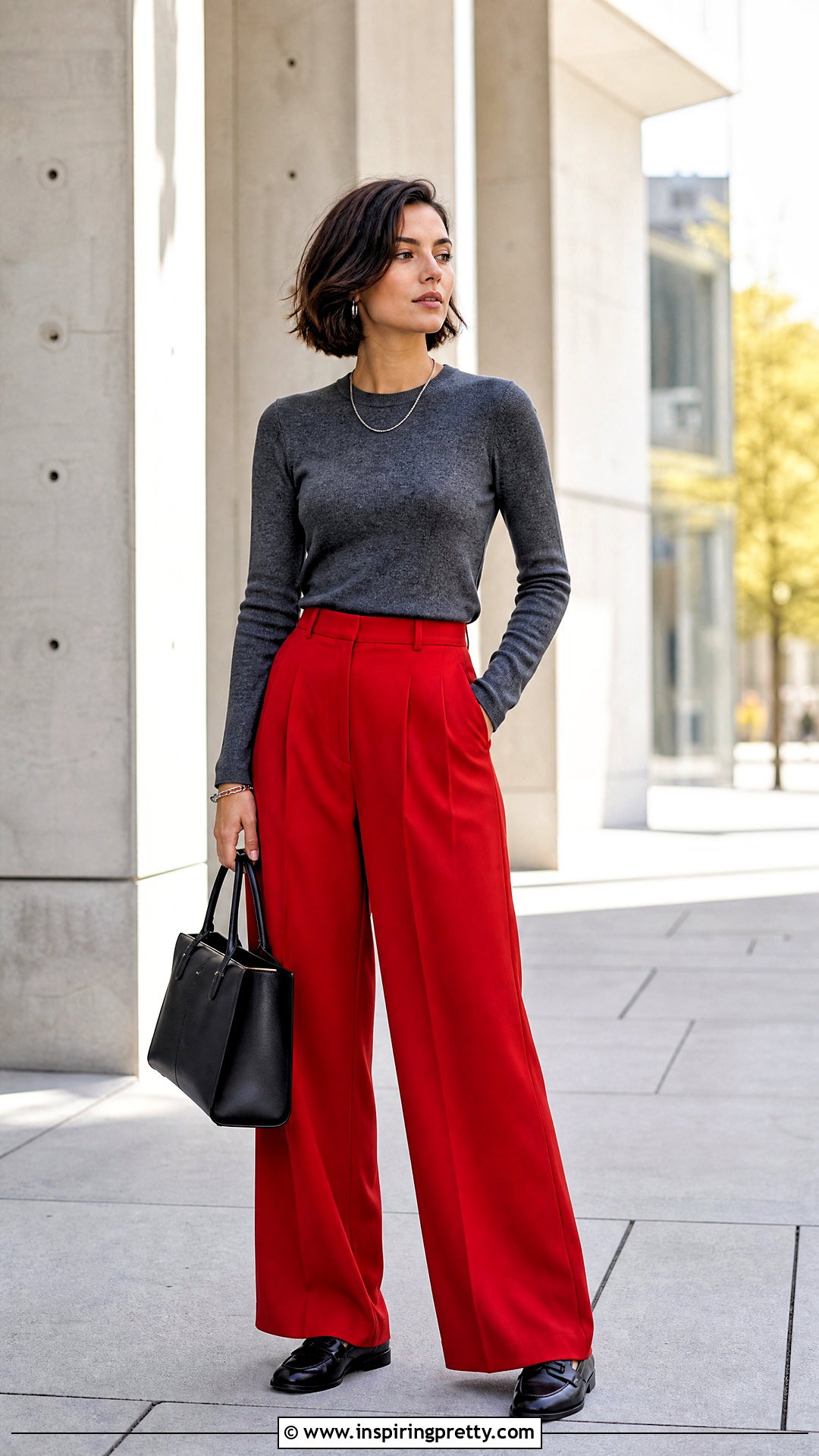 Dark Gray Top With Red Trousers - 50 dark gray top outfit ideas