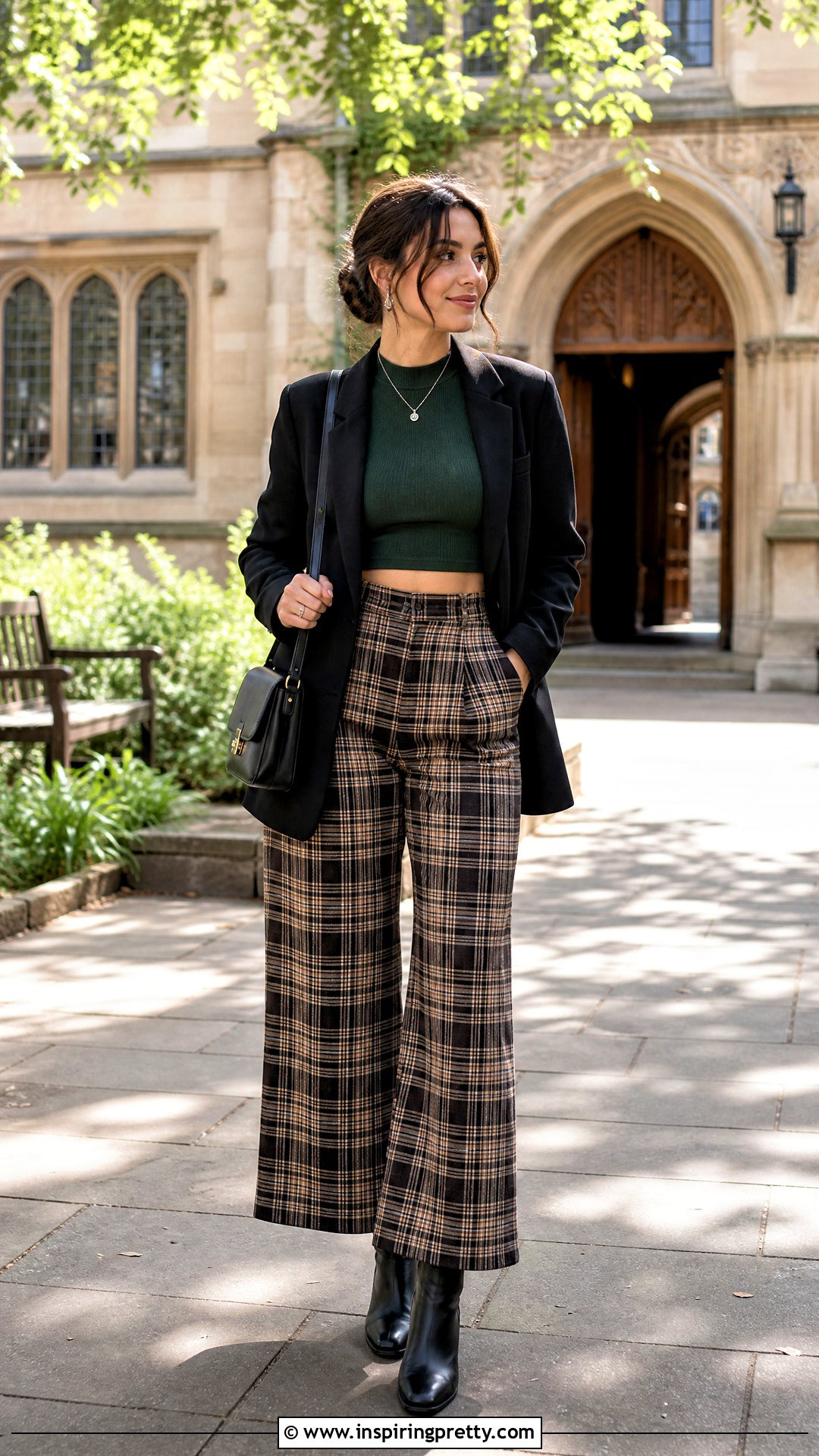 Dark Green Crop Top With Plaid Pants - 25 Green Crop Top Aesthetic ideas