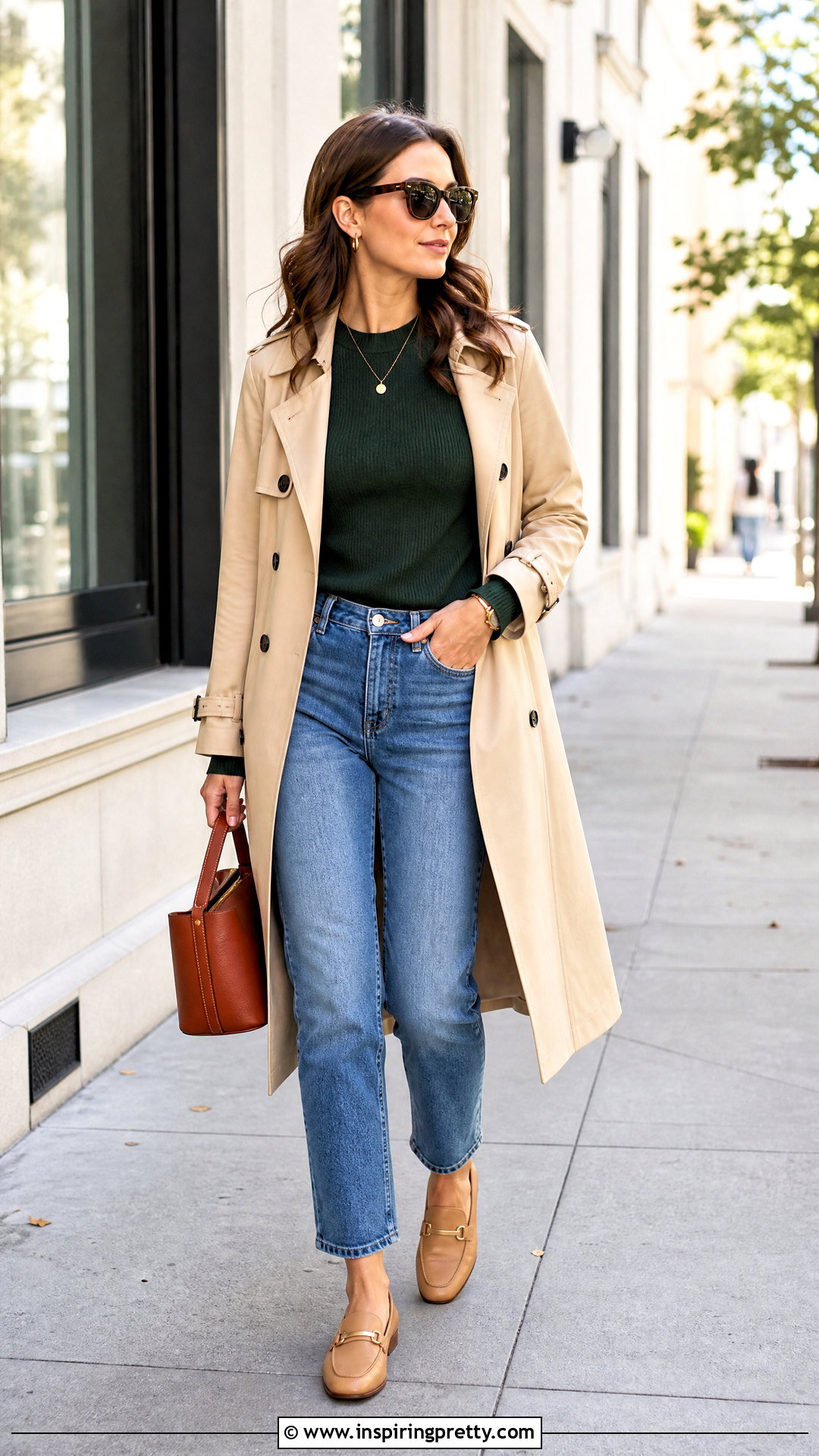 Dark Green Top With Beige Trench Coat - 50 dark green top outfit ideas