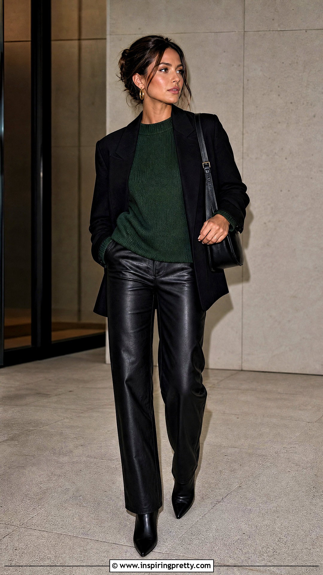 Dark Green Top With Black Leather Pants - 50 dark green top outfit ideas
