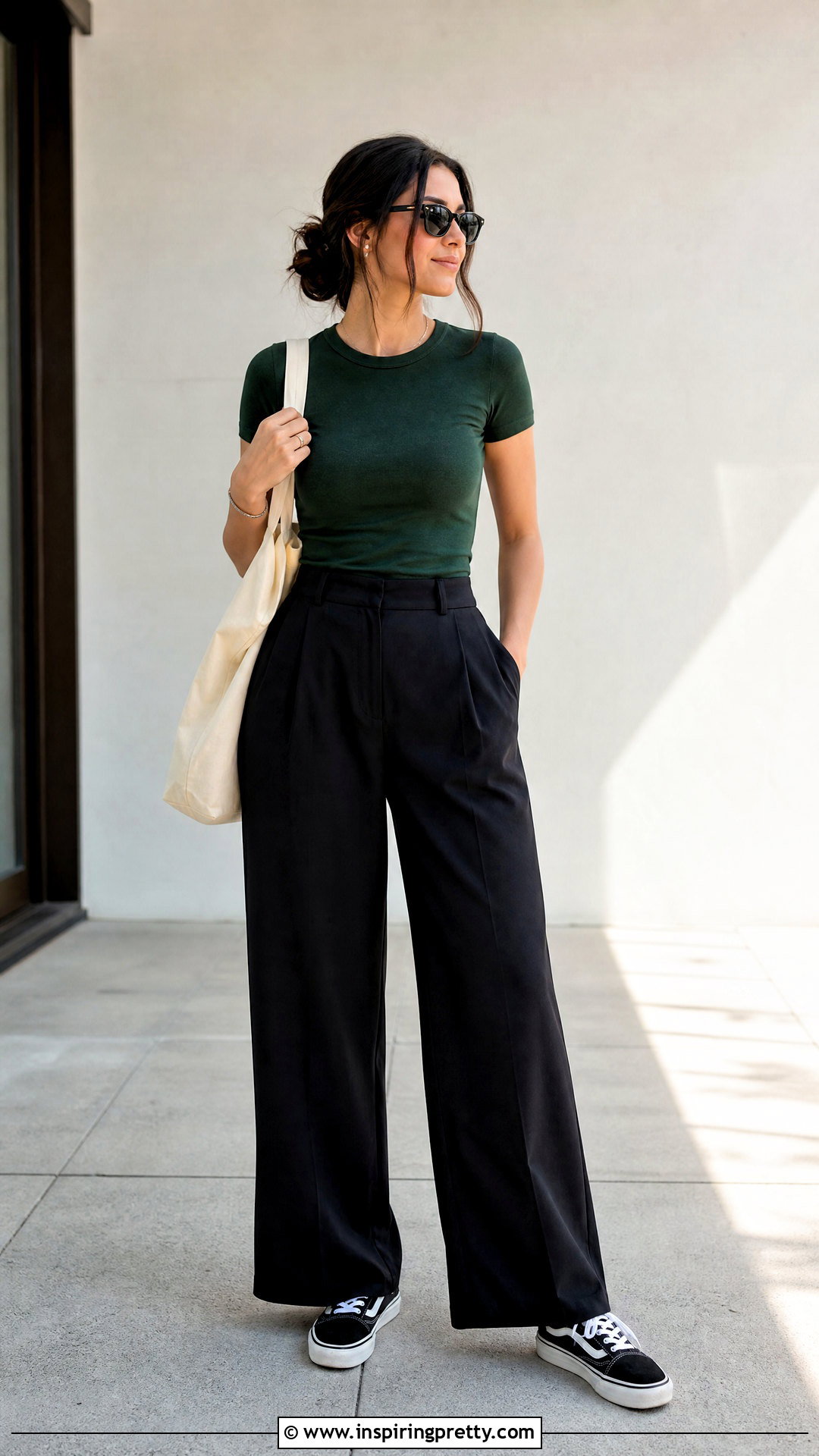 Dark Green Top With Black Wide Leg Pants - 20 Casual Dark Green Top Outfit ideas