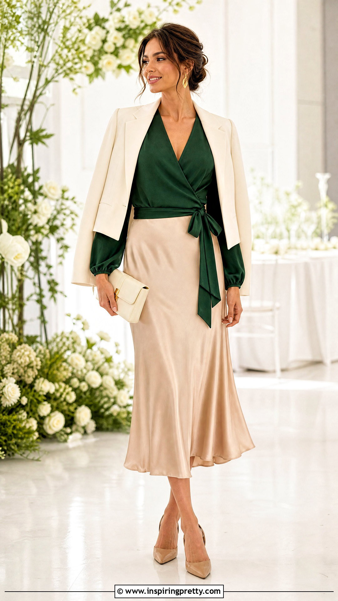 Dark Green Top With Champagne Satin Skirt - 50 dark green top outfit ideas