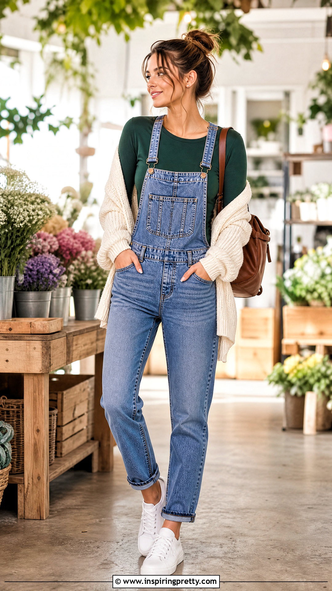 Dark Green Top With Denim Overalls - 50 dark green top outfit ideas