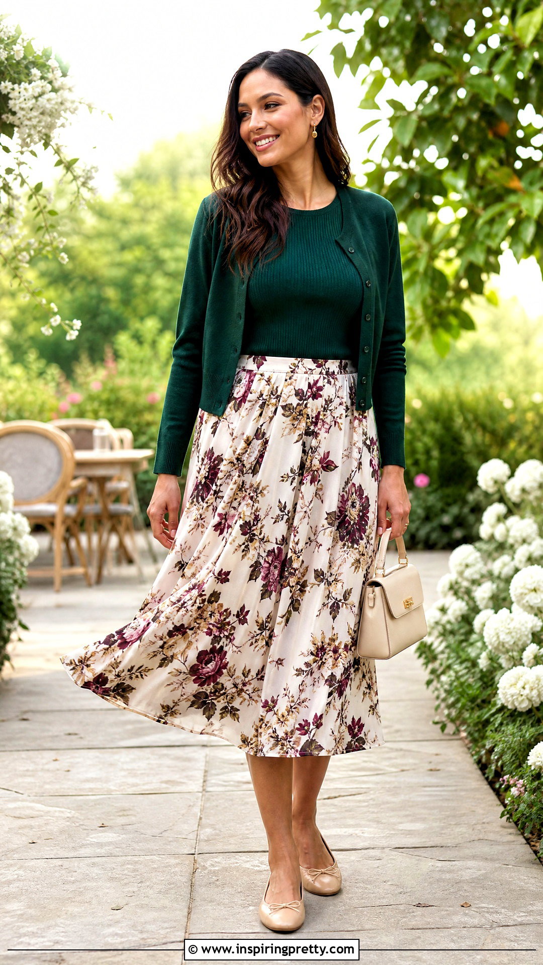 Dark Green Top With Floral Midi Skirt - 50 dark green top outfit ideas