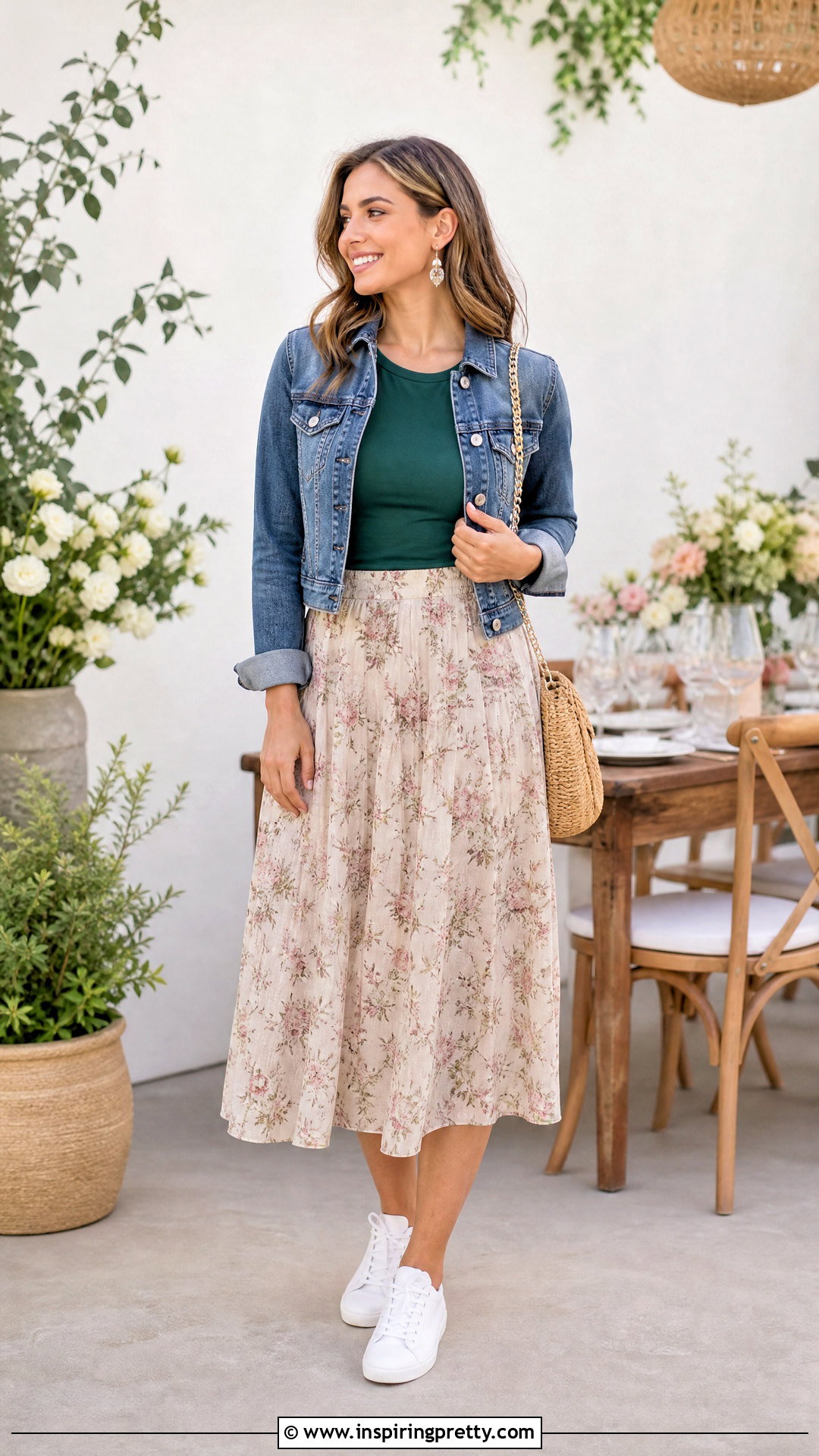 Dark Green Top With Floral Midi Skirt - 20 Casual Dark Green Top Outfit ideas