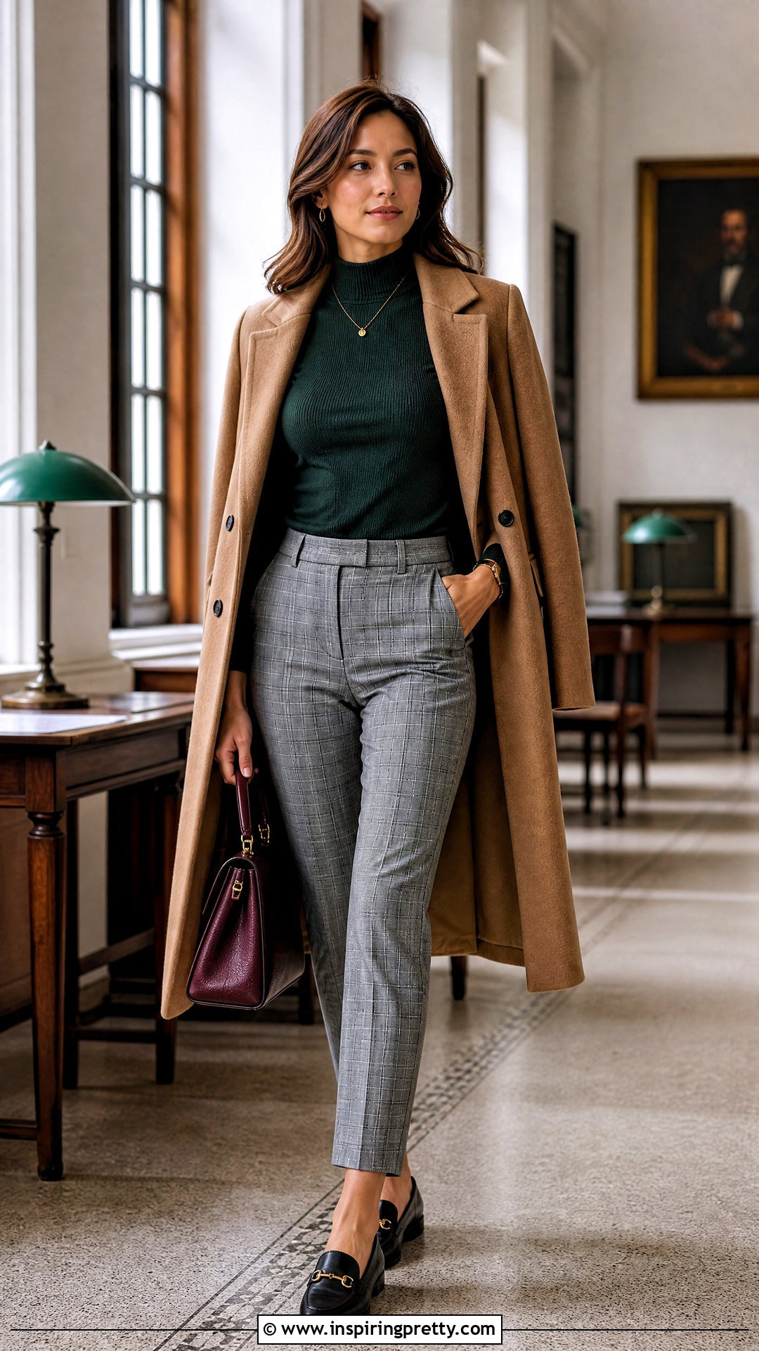 Dark Green Top With Gray Plaid Pants - 50 dark green top outfit ideas