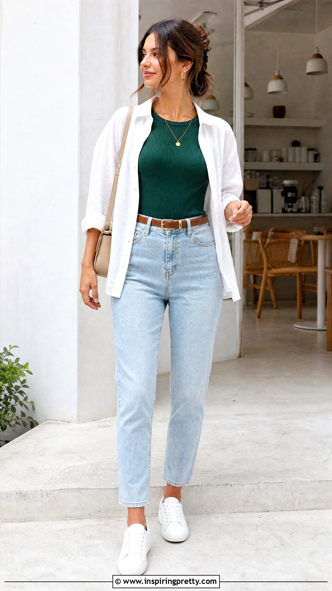 Dark Green Top With Light Wash Mom Jeans - 20 Casual Dark Green Top Outfit ideas