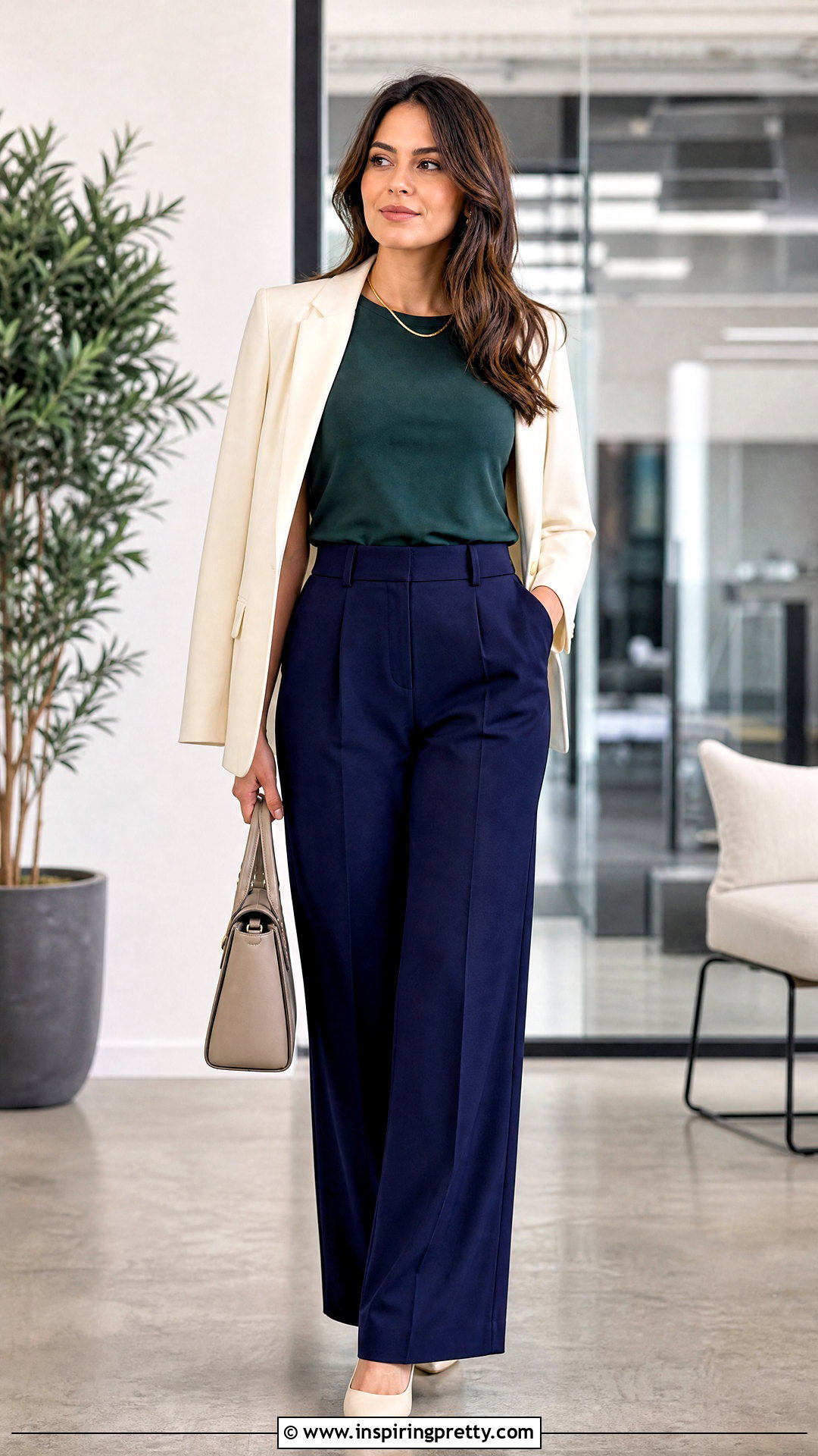 Dark Green Top With Navy Wide Leg Pants - 50 dark green top outfit ideas