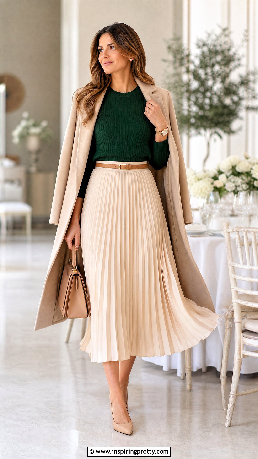 Dark Green Top With Pleated Midi Skirt - 50 dark green top outfit ideas