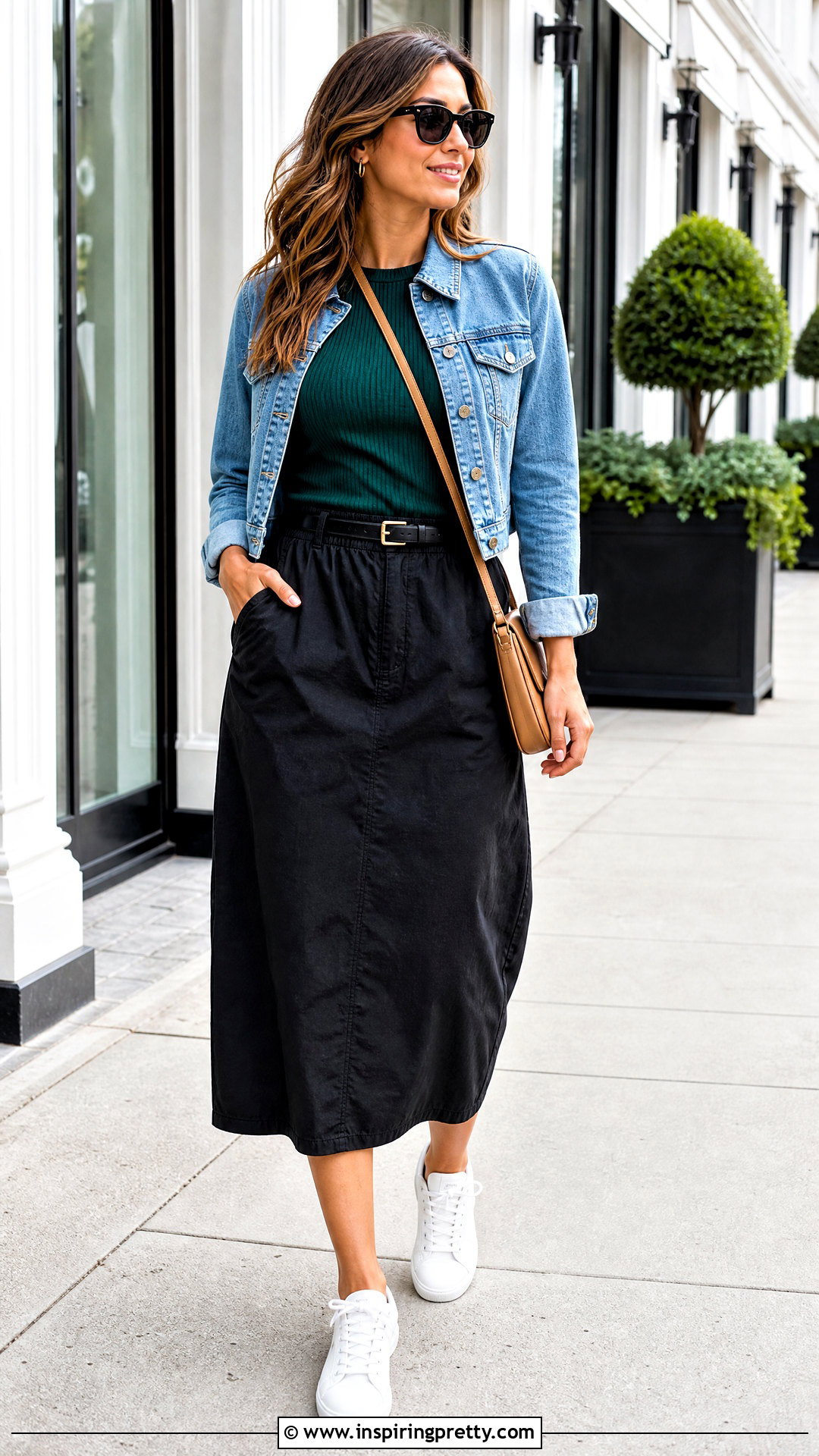 Dark Green Top With a Black Midi Skirt - 20 Casual Dark Green Top Outfit ideas