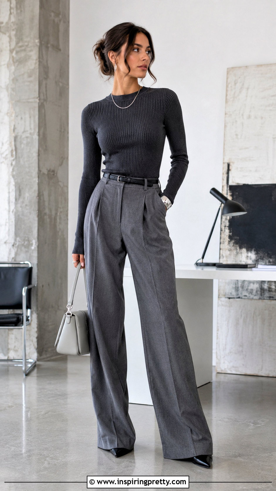 Dark Grey Top With Charcoal Wide Leg Pants - 50 dark grey top outfit ideas