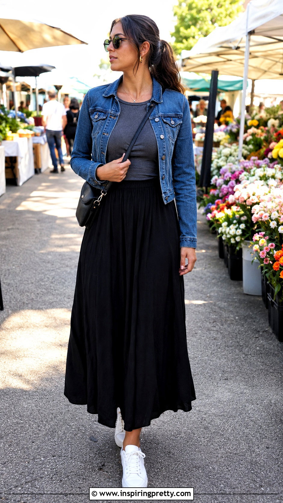 Dark Grey Top With Denim Jacket And Maxi Skirt - 50 dark grey top outfit ideas