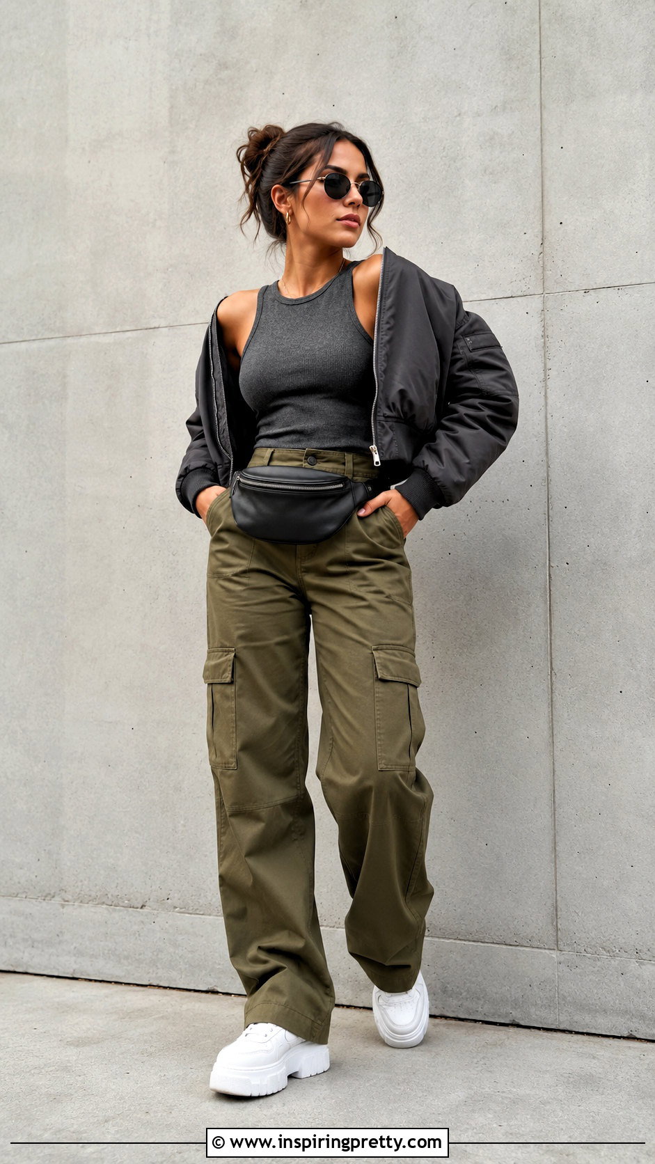 Dark Grey Top With Olive Cargo Pants - 50 dark grey top outfit ideas