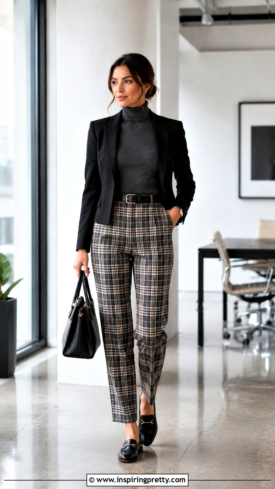 Dark Grey Top With Plaid Trousers - 50 dark grey top outfit ideas