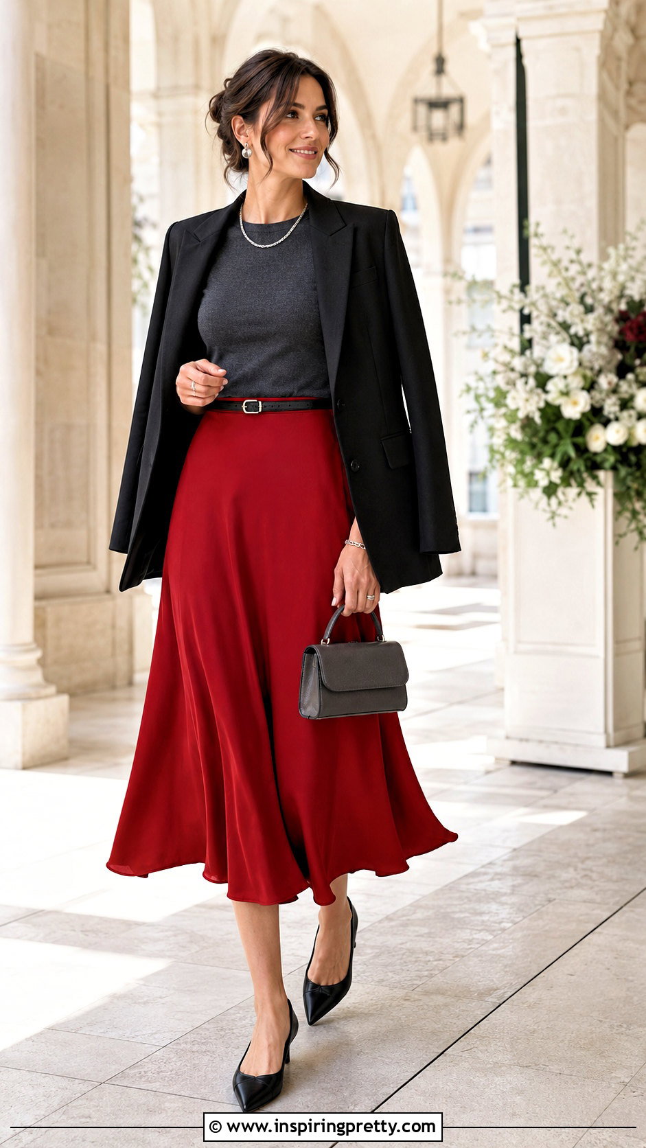 Dark Grey Top With Red Midi Skirt - 50 dark grey top outfit ideas