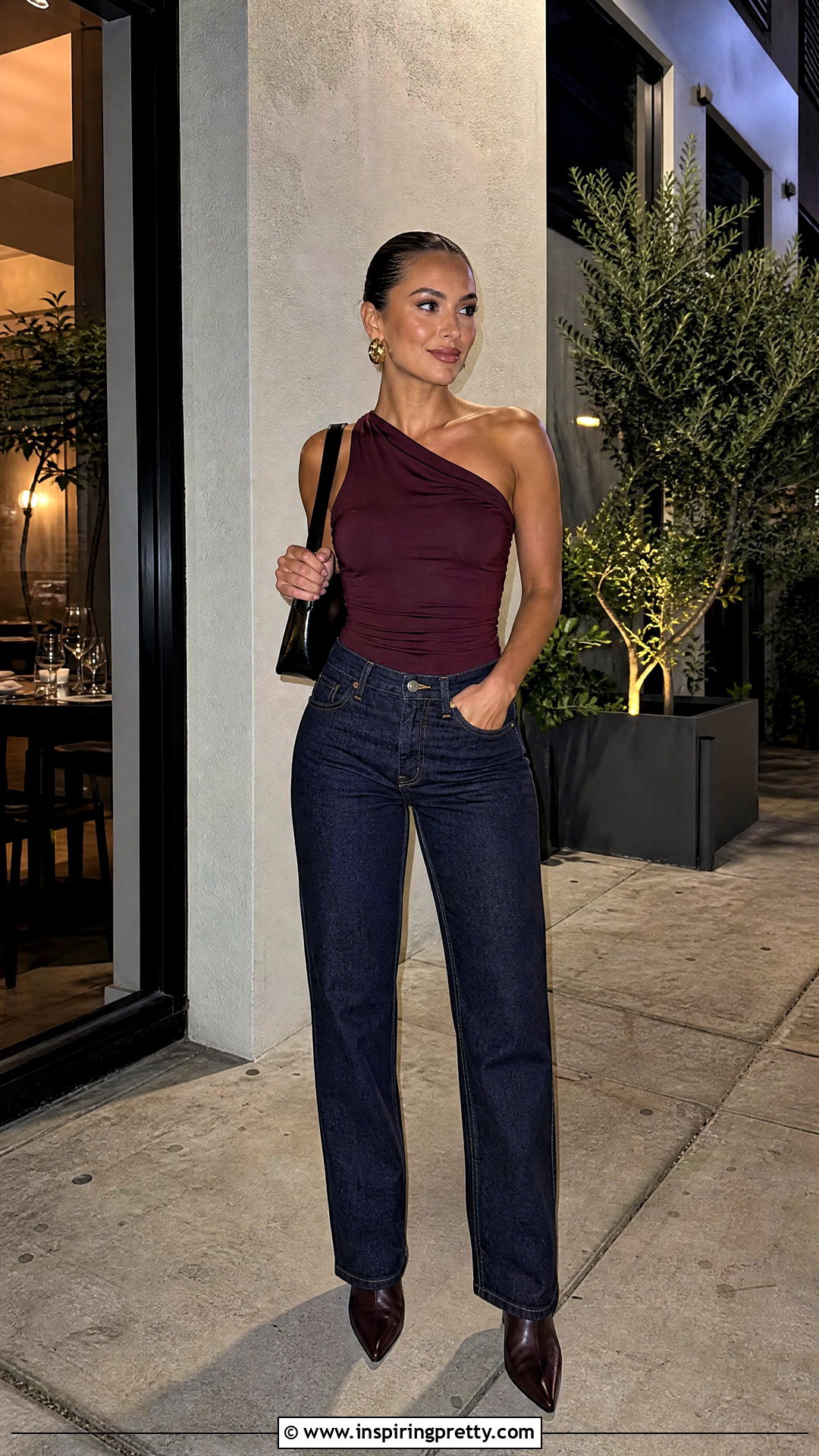 Dark Jeans And One Shoulder Top Birthday Outfit - 50 birthday outfit pants and tops