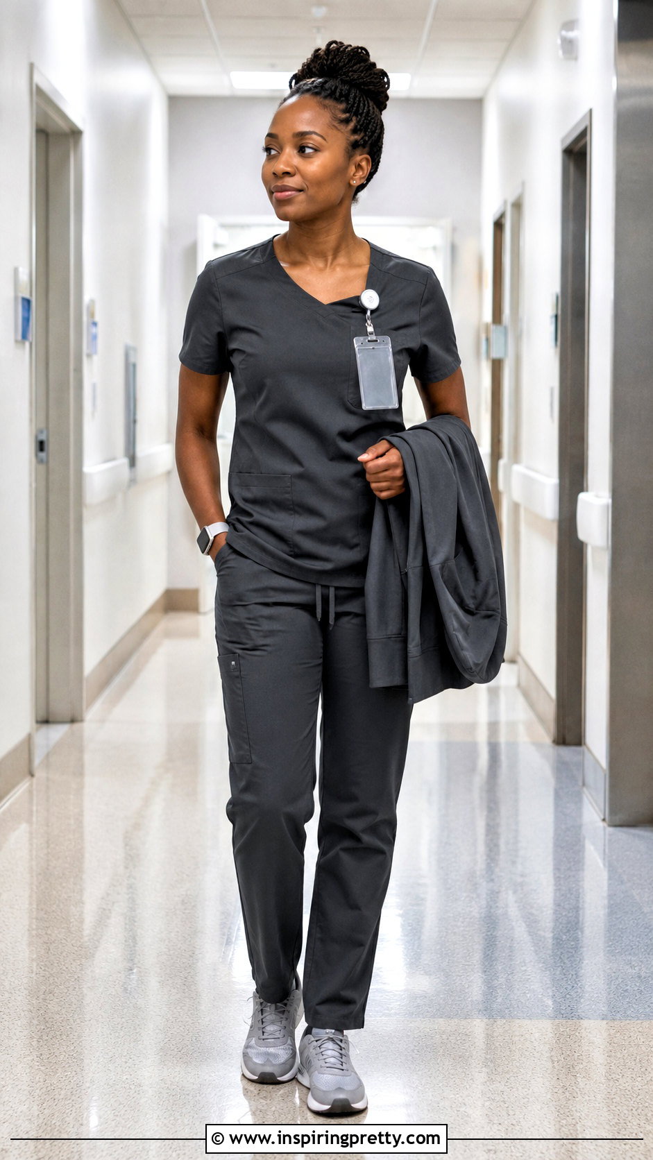 Dark Nurse Scrub Top With Straight Pants For Night Shift - 25 nurses uniform tops outfit ideas