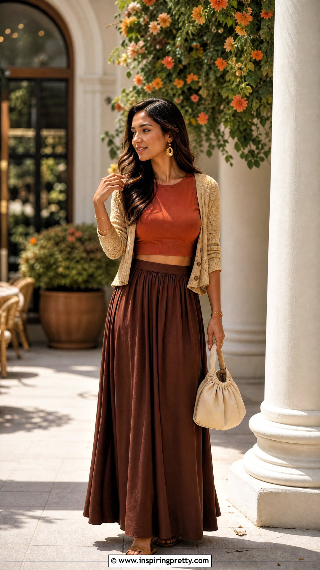 Dark Orange Crop Top With Chocolate Brown Maxi Skirt - 25 dark orange crop top outfit ideas