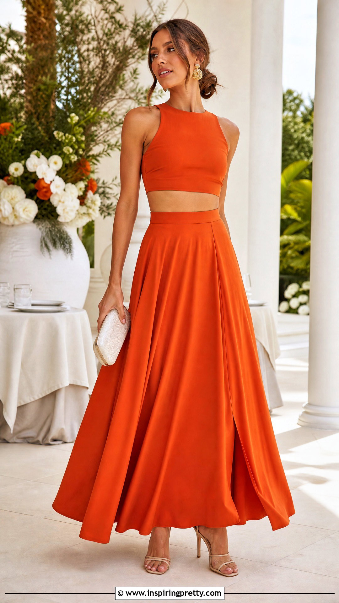 Dark Orange Crop Top With Matching Maxi Skirt - 25 dark orange crop top outfit ideas