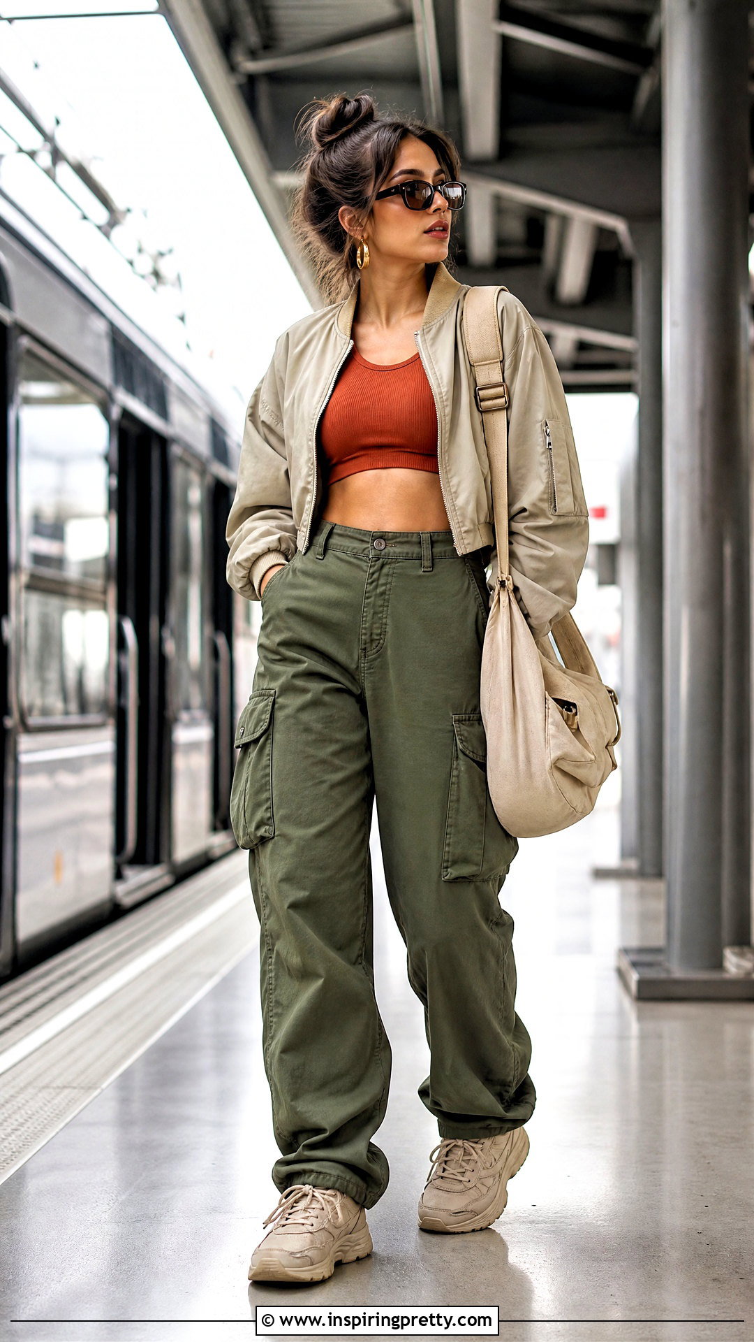 Dark Orange Crop Top With Olive Cargo Pants - 25 dark orange crop top outfit ideas
