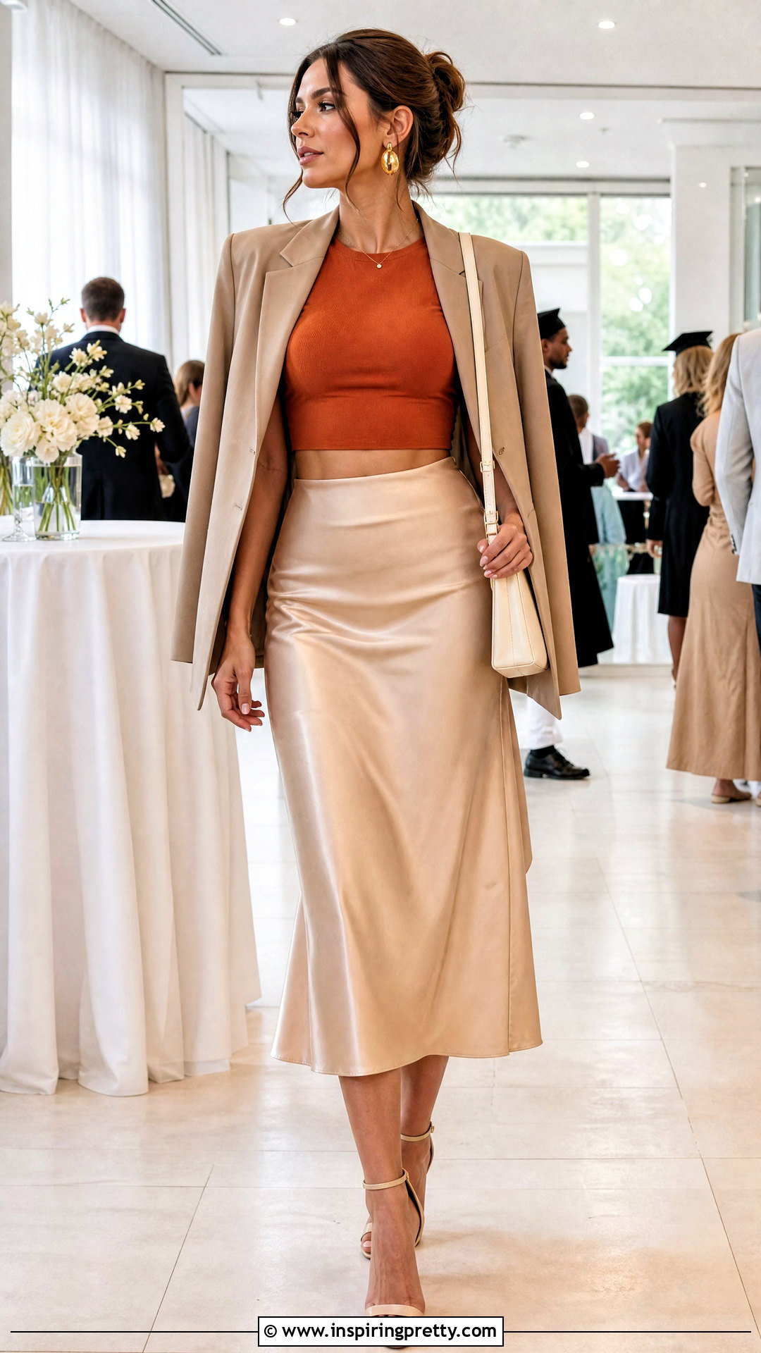 Dark Orange Crop Top With Satin Midi Skirt - 25 dark orange crop top outfit ideas