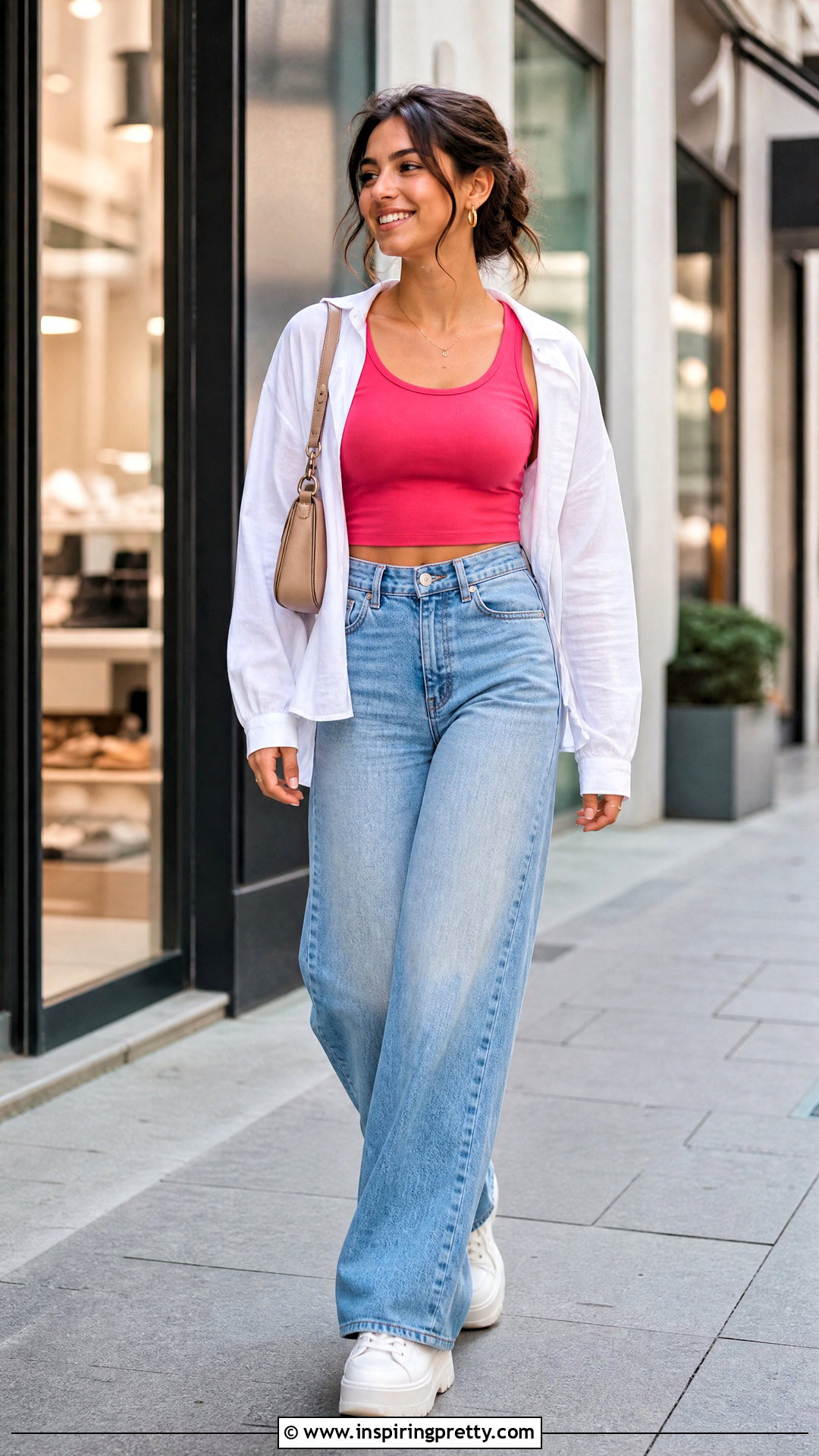 Dark Pink Crop Top With Wide Leg Jeans - 50 dark pink top outfit ideas
