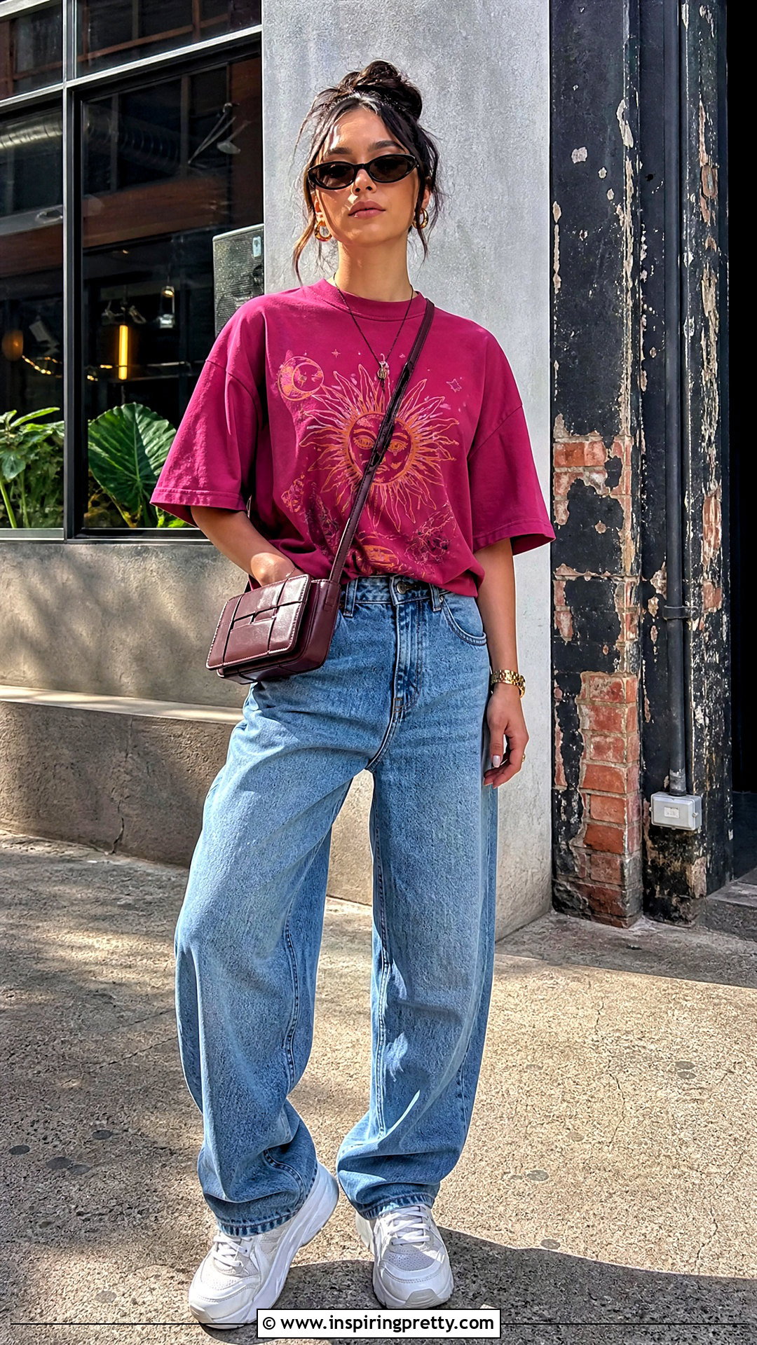 Dark Pink Graphic Top With Baggy Jeans - 50 dark pink top outfit ideas