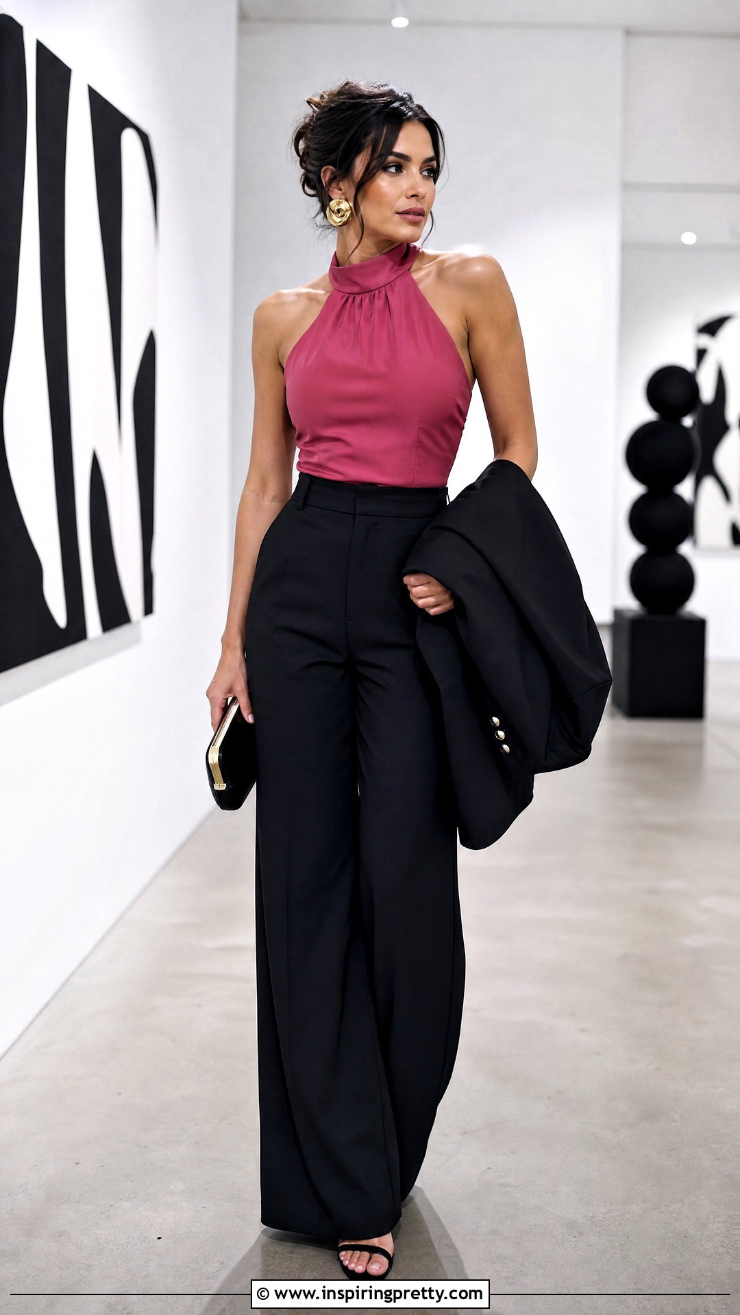 Dark Pink Halter Top With Black Wide Leg Pants - 50 dark pink top outfit ideas