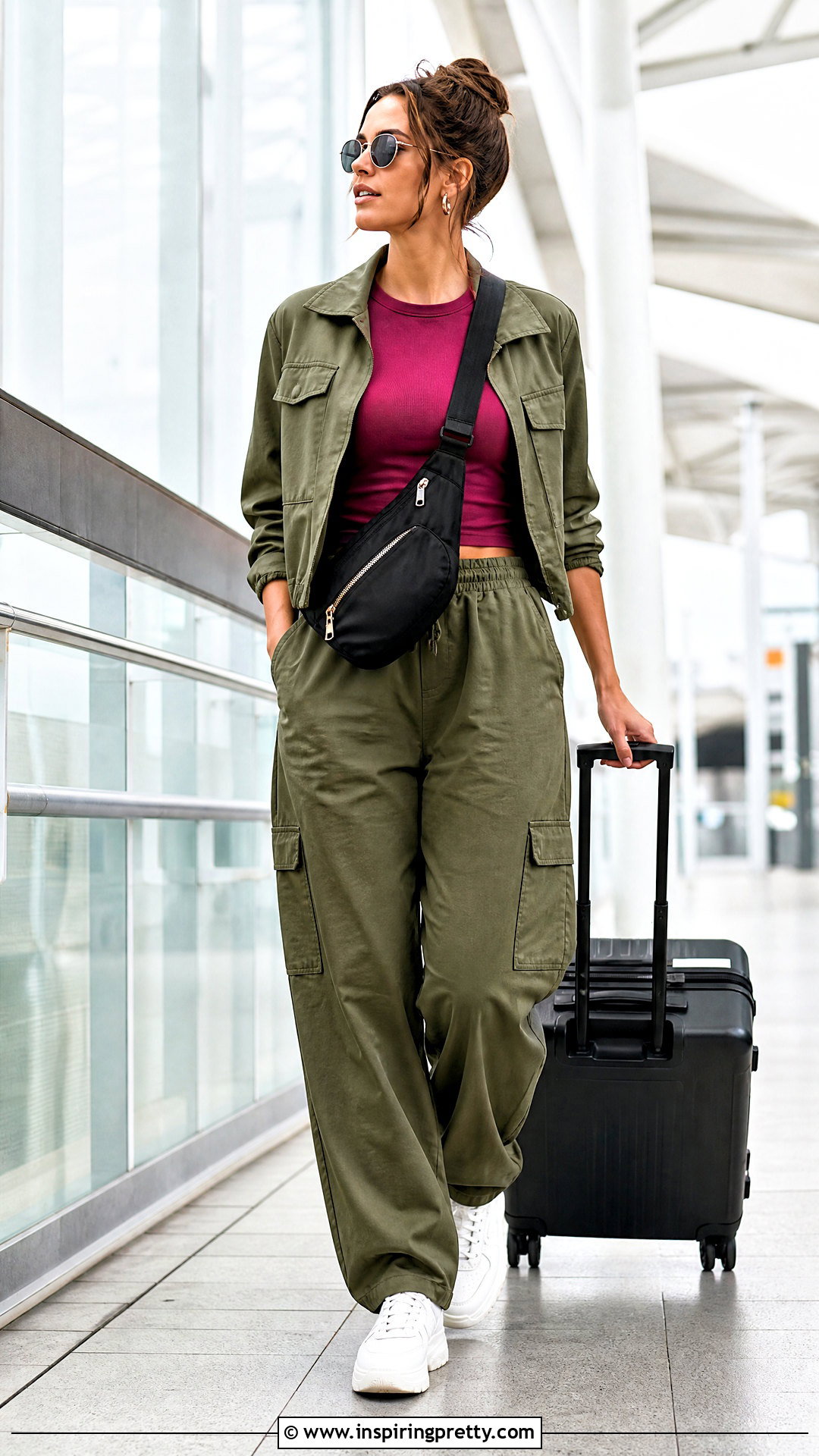 Dark Pink T Shirt With Cargo Pants - 50 dark pink top outfit ideas