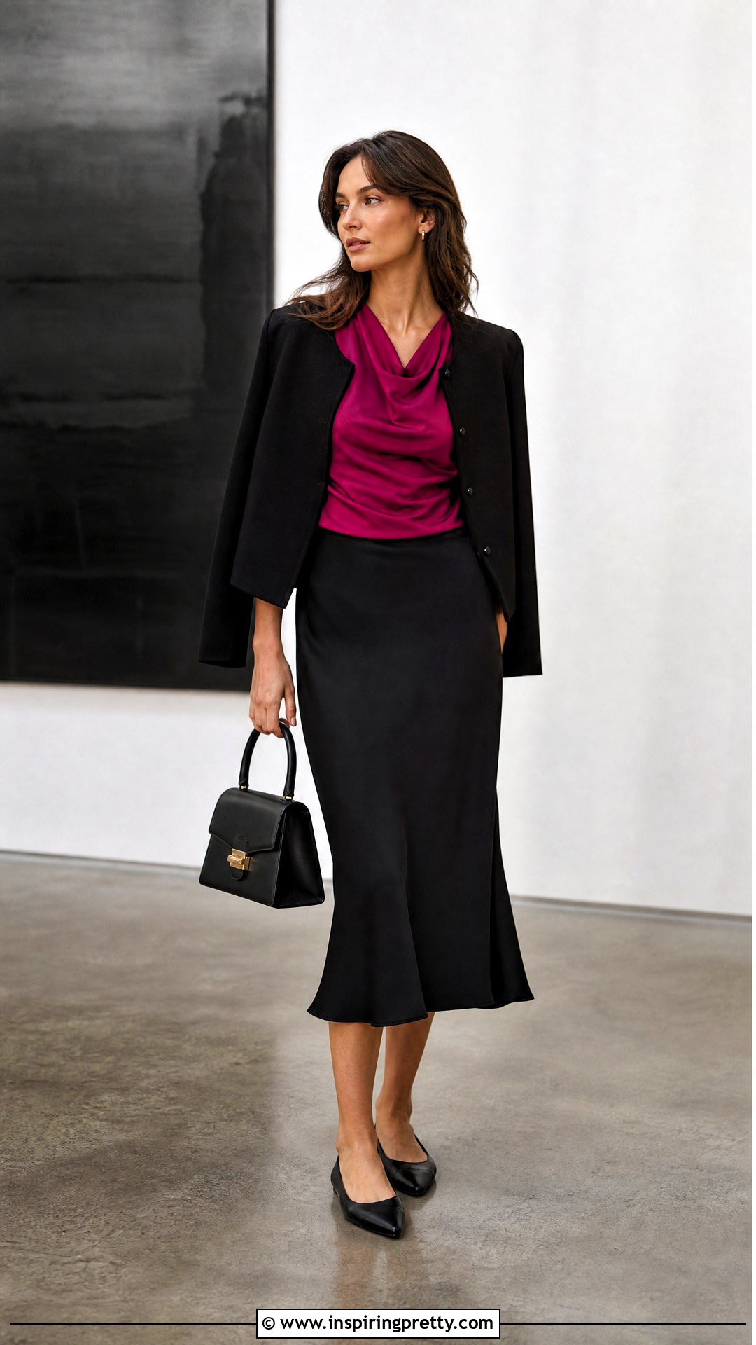 Dark Pink Top With Black Midi Skirt - 50 dark pink top outfit ideas
