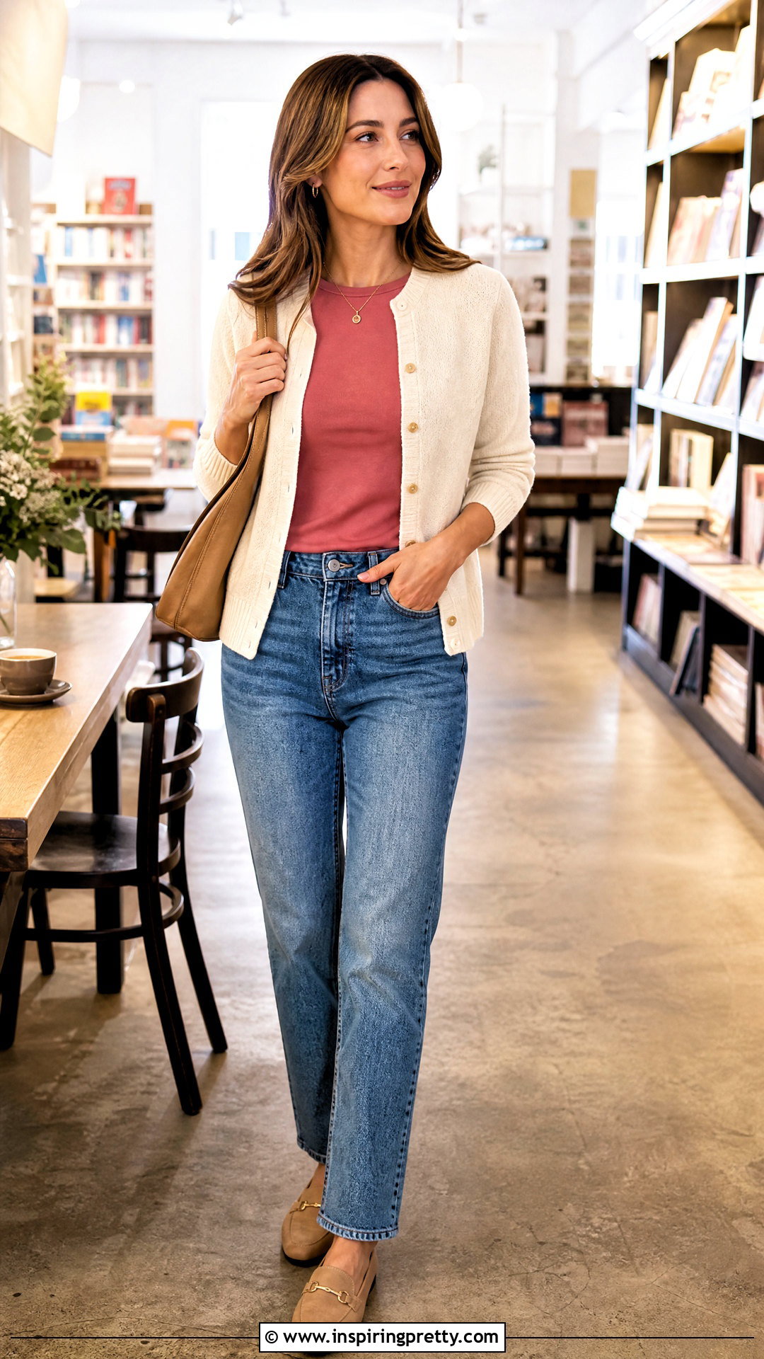 Dark Pink Top With Cream Cardigan And Jeans - 50 dark pink top outfit ideas