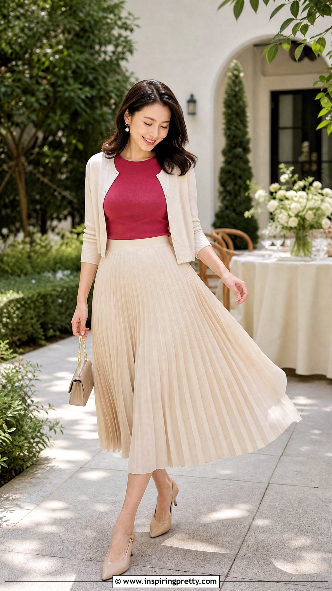 Dark Pink Top With Cream Midi Skirt - 50 dark pink top outfit ideas