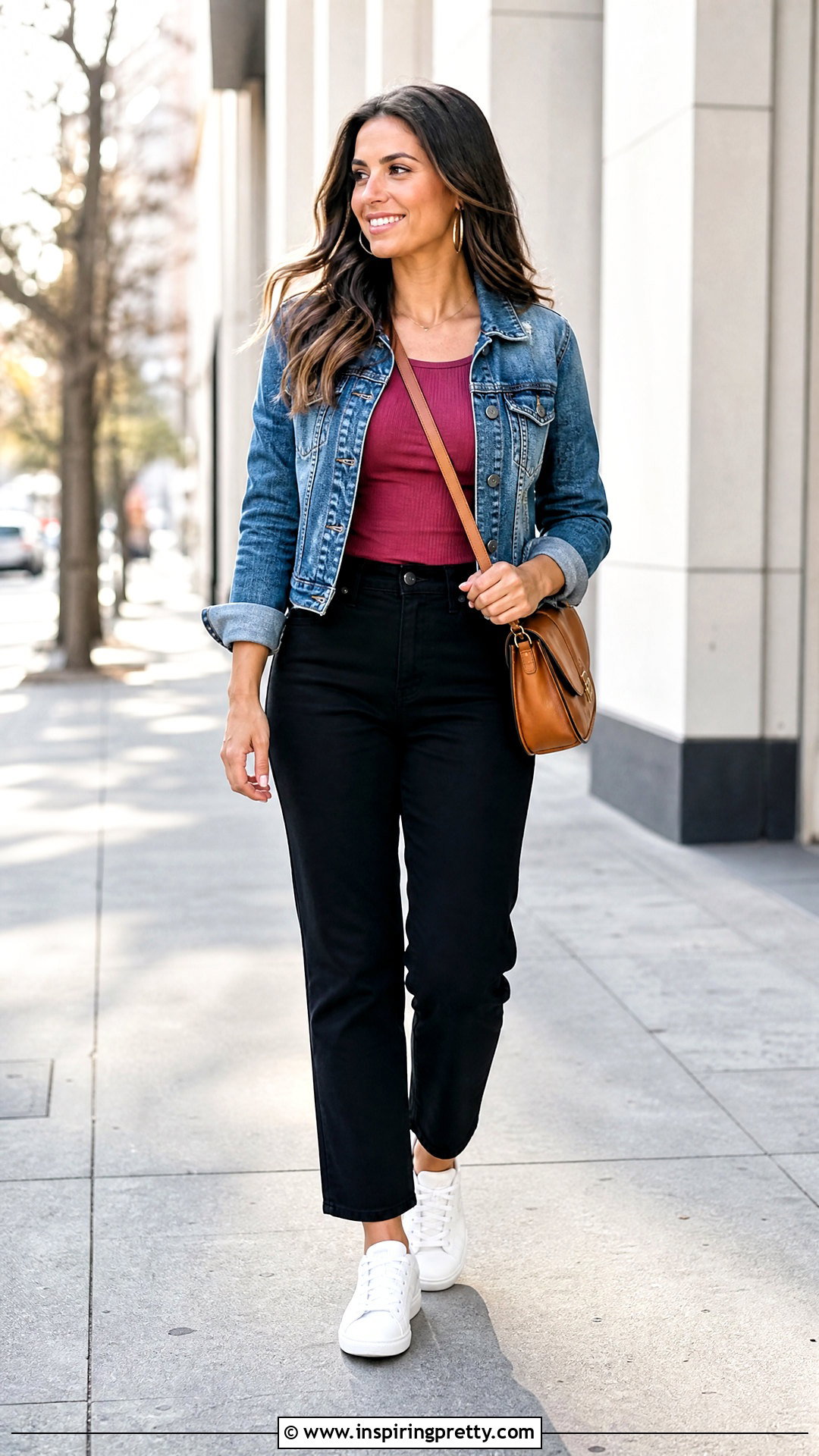 Dark Pink Top With Denim Jacket And Black Pants - 50 dark pink top outfit ideas
