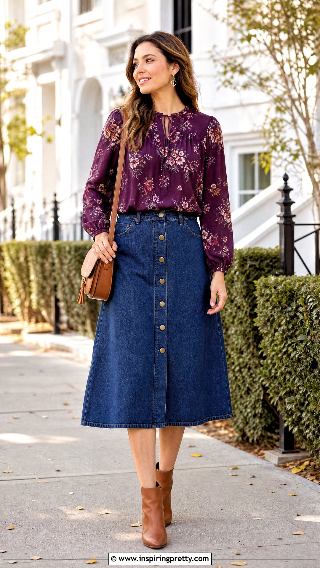 Dark Purple Floral Top With Denim Midi Skirt - 25 Cute Dark Purple Tops outfit ideas