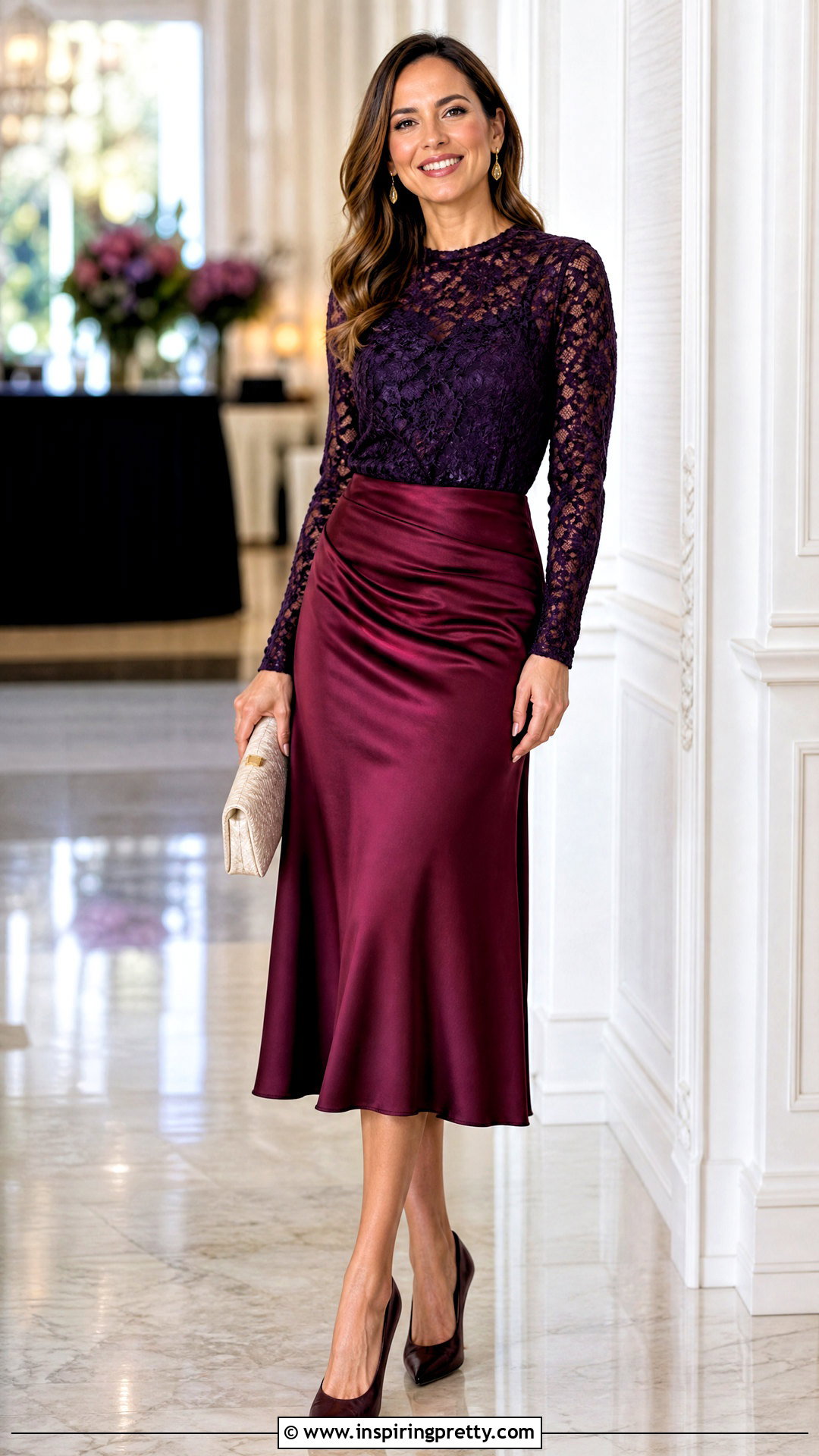 Dark Purple Lace Top With Burgundy Skirt - 25 Cute Dark Purple Tops outfit ideas