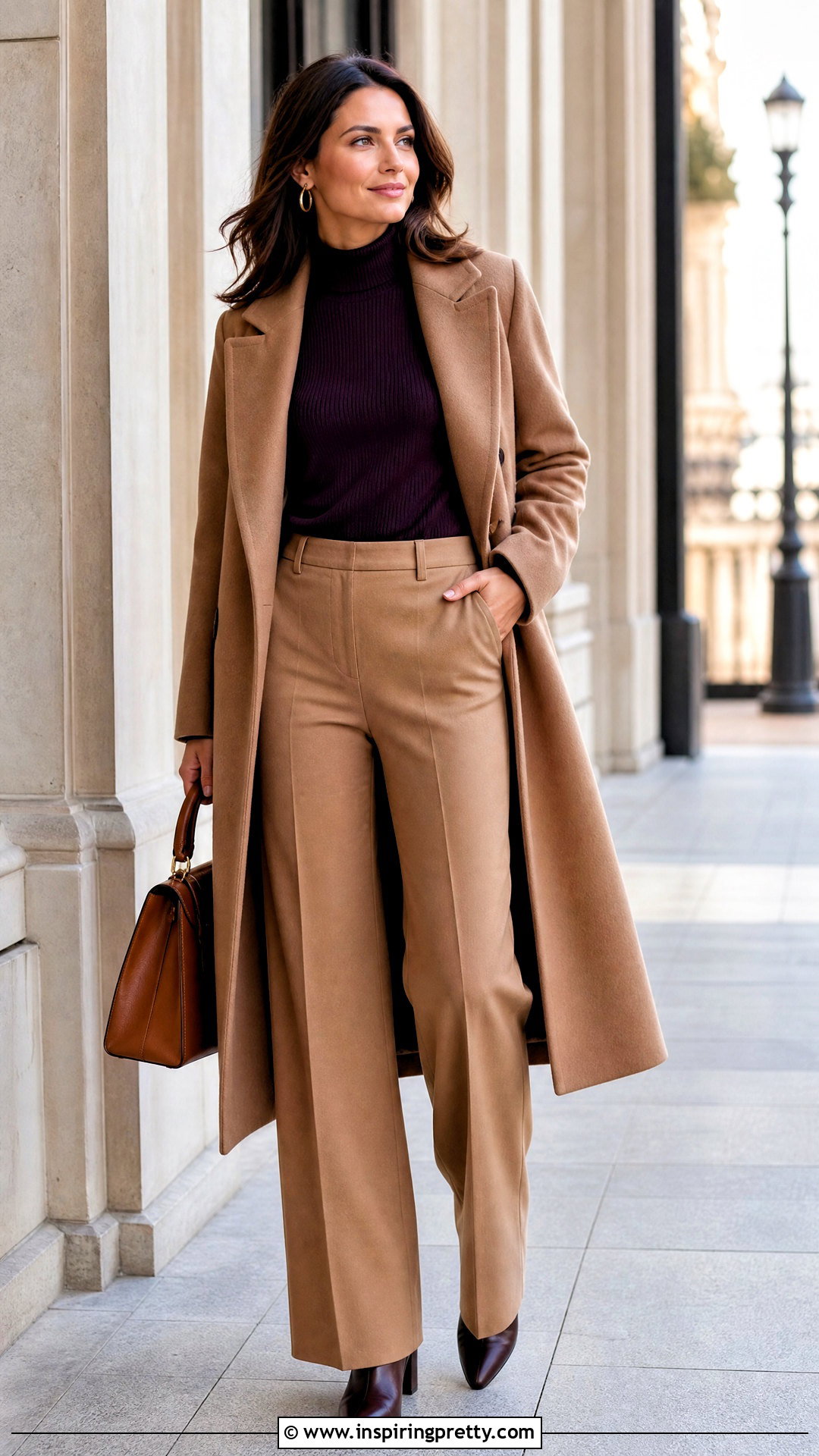 Dark Purple Top With Camel Pants - 50 dark purple top outfit ideas