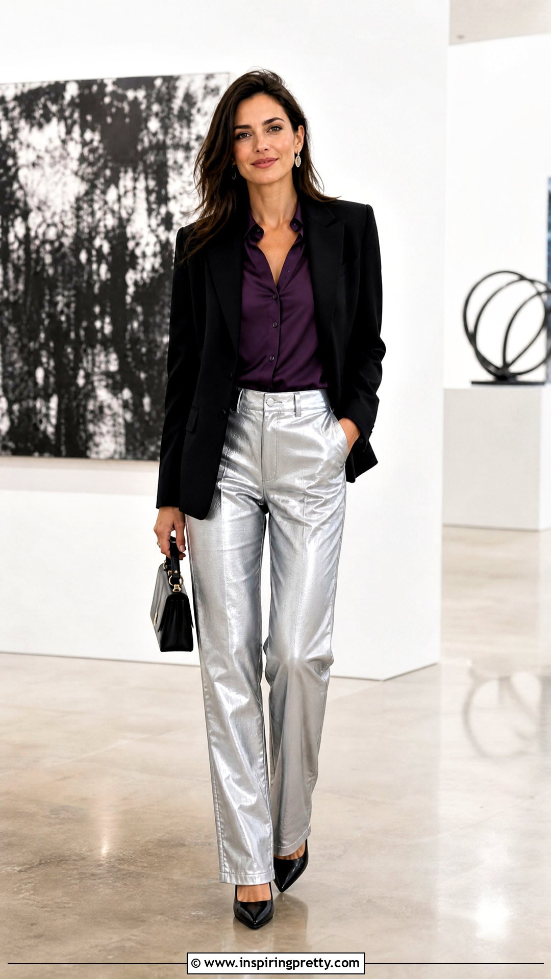 Dark Purple Top With Metallic Pants - 50 dark purple top outfit ideas