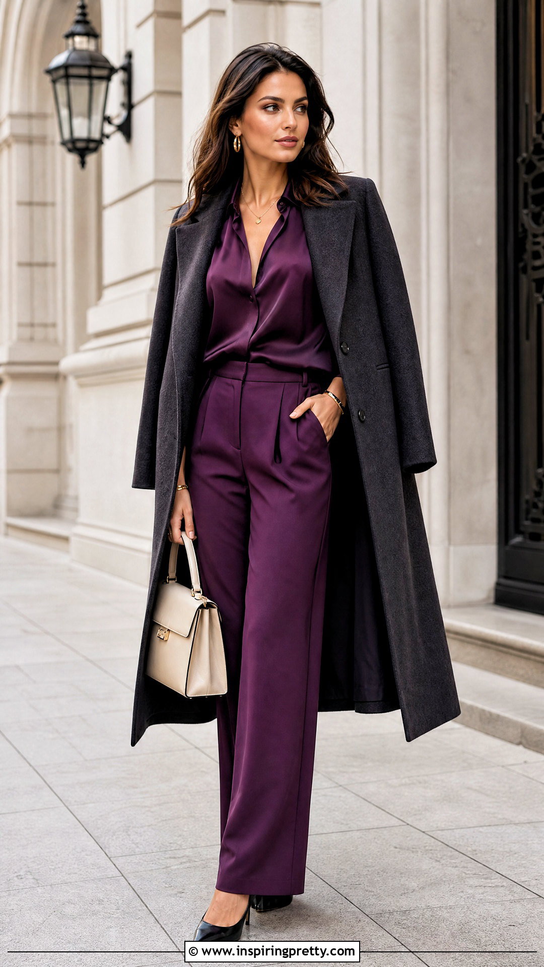 Dark Purple Top With Monochrome Purple Pants - 50 dark purple top outfit ideas