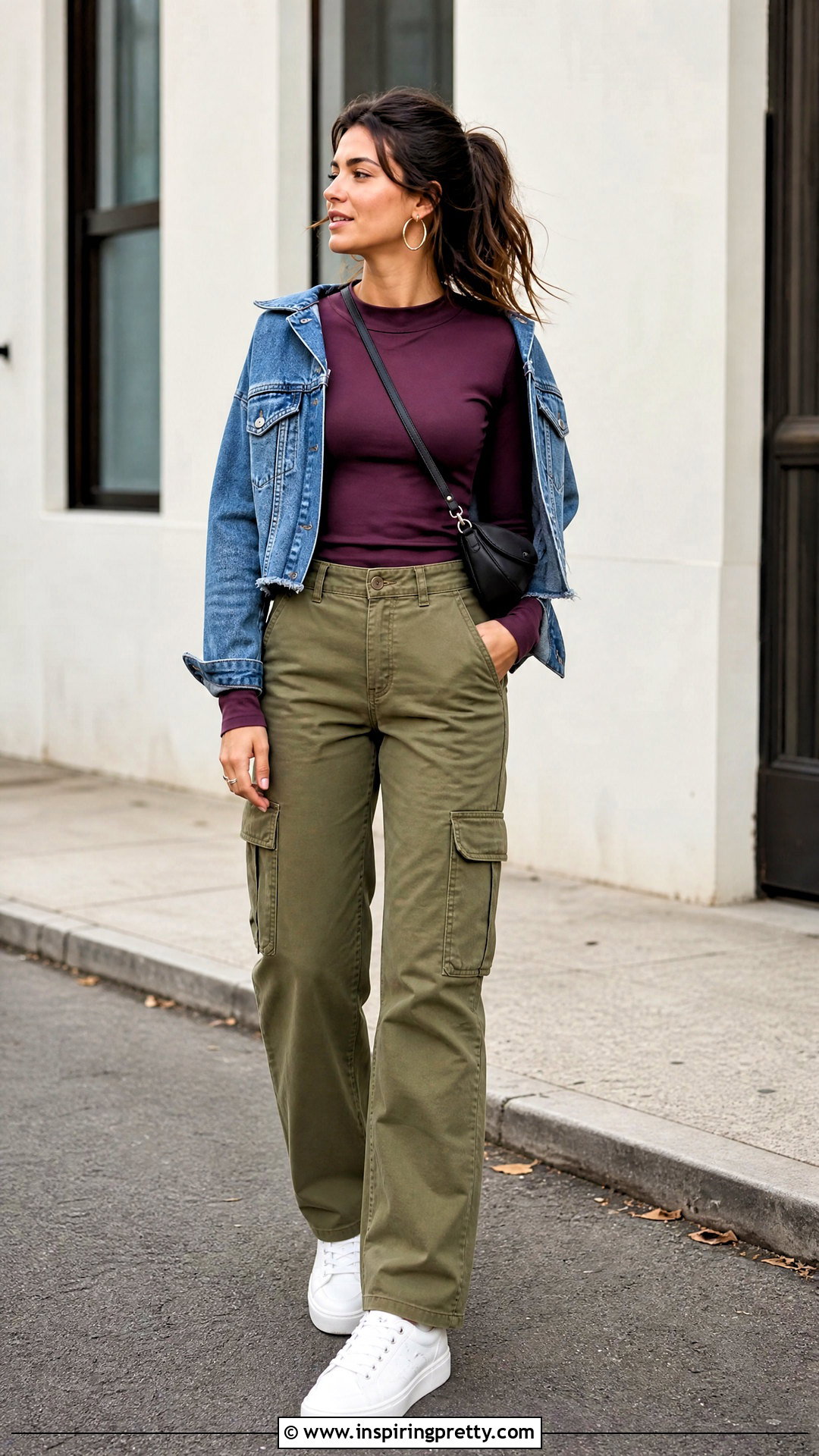 Dark Purple Top With Olive Cargo Pants - 25 Cute Dark Purple Tops outfit ideas
